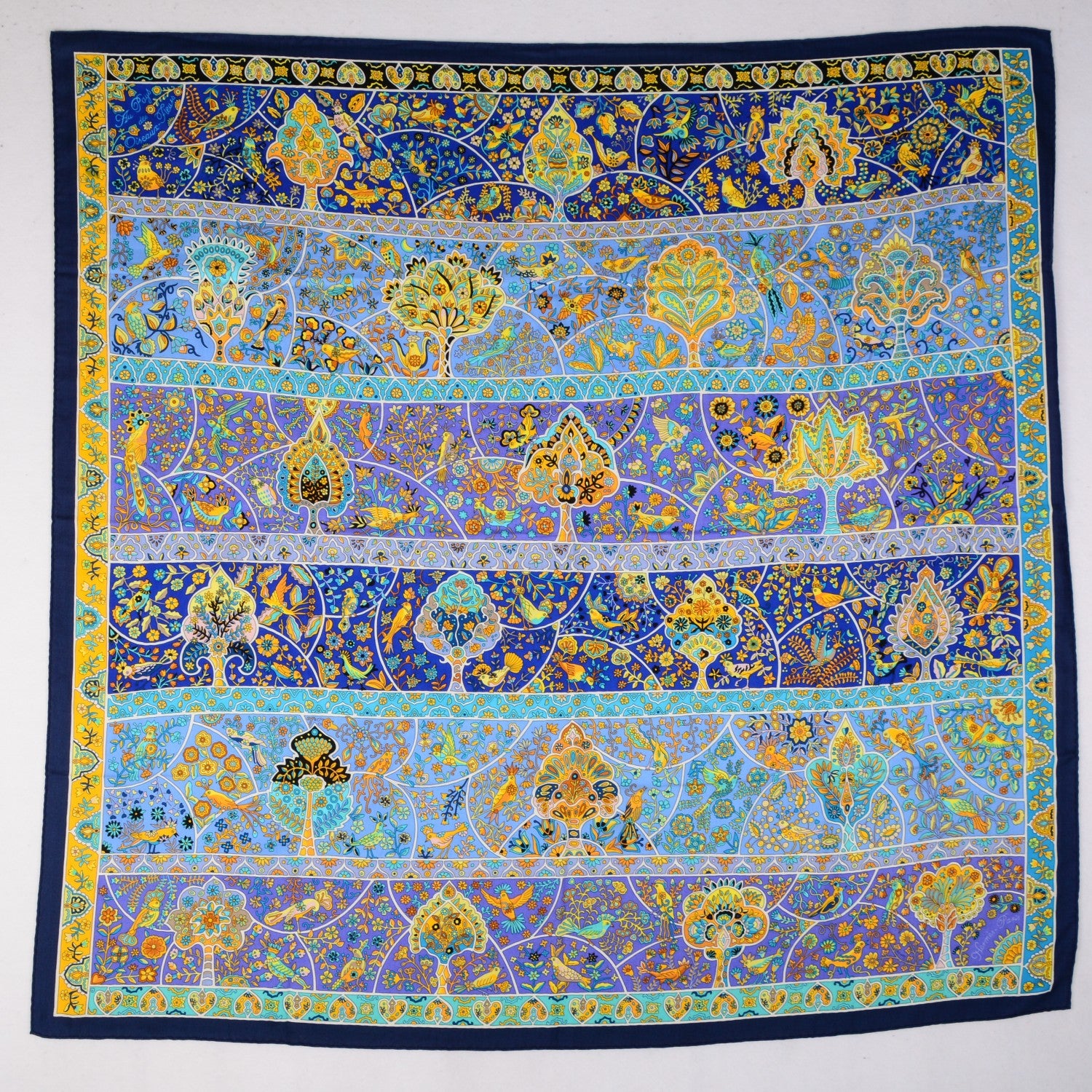 Hermes Cashmere Silk Au Pays Des Oiseaux Fleurs Shawl 140 Marine Turquoise Jaune 2 of 8
