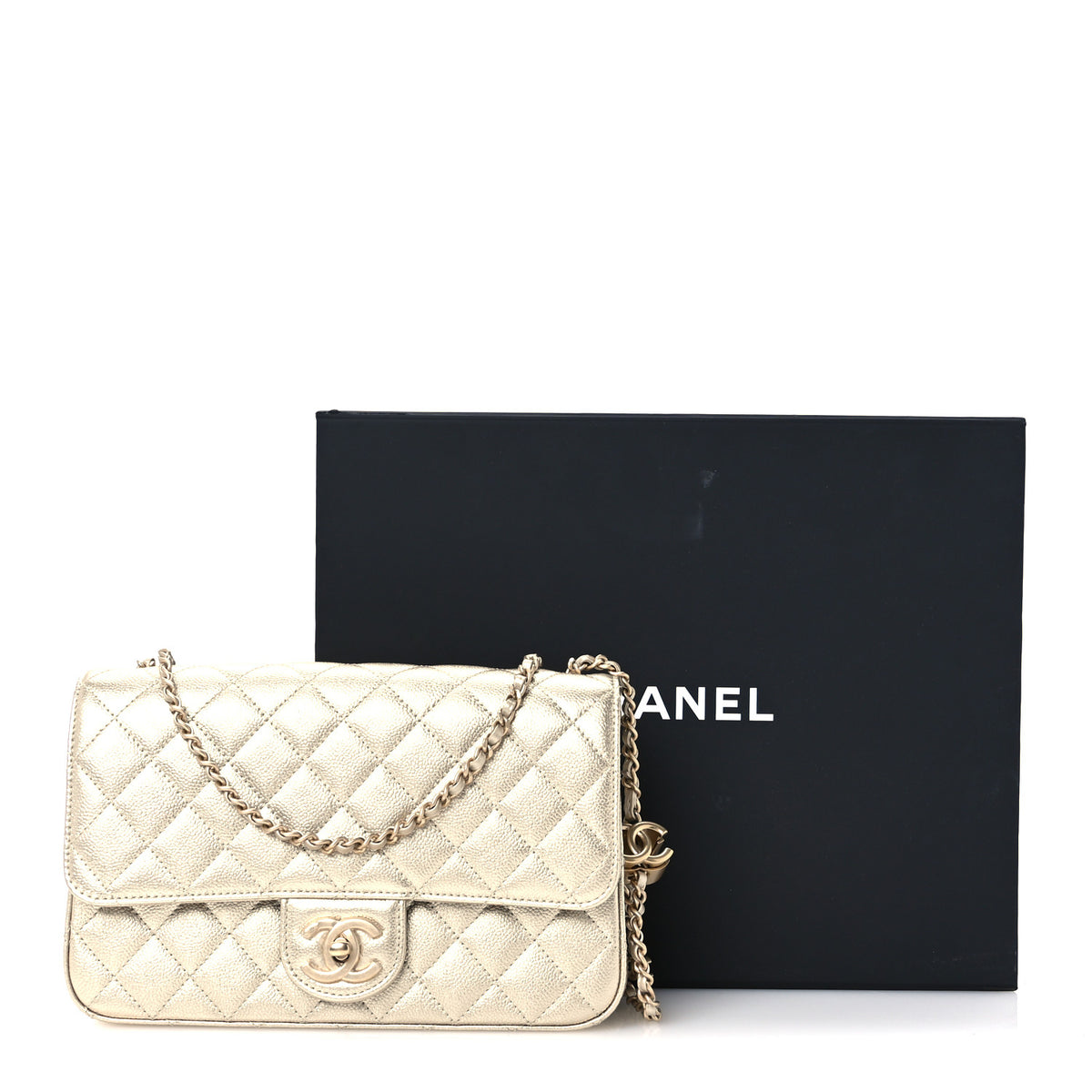 Metallic Caviar Quilted Medium CC Slide Flap Light Gold