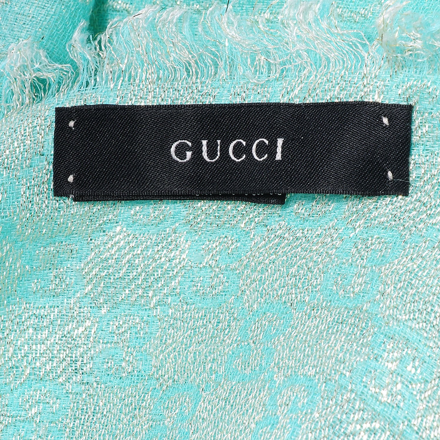 Gucci Wool Silk Jacquard Monogram Fringe Scarf Aqua Gold 5 of 7