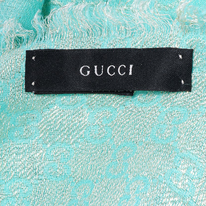 Gucci Wool Silk Jacquard Monogram Fringe Scarf Aqua Gold 5 of 7