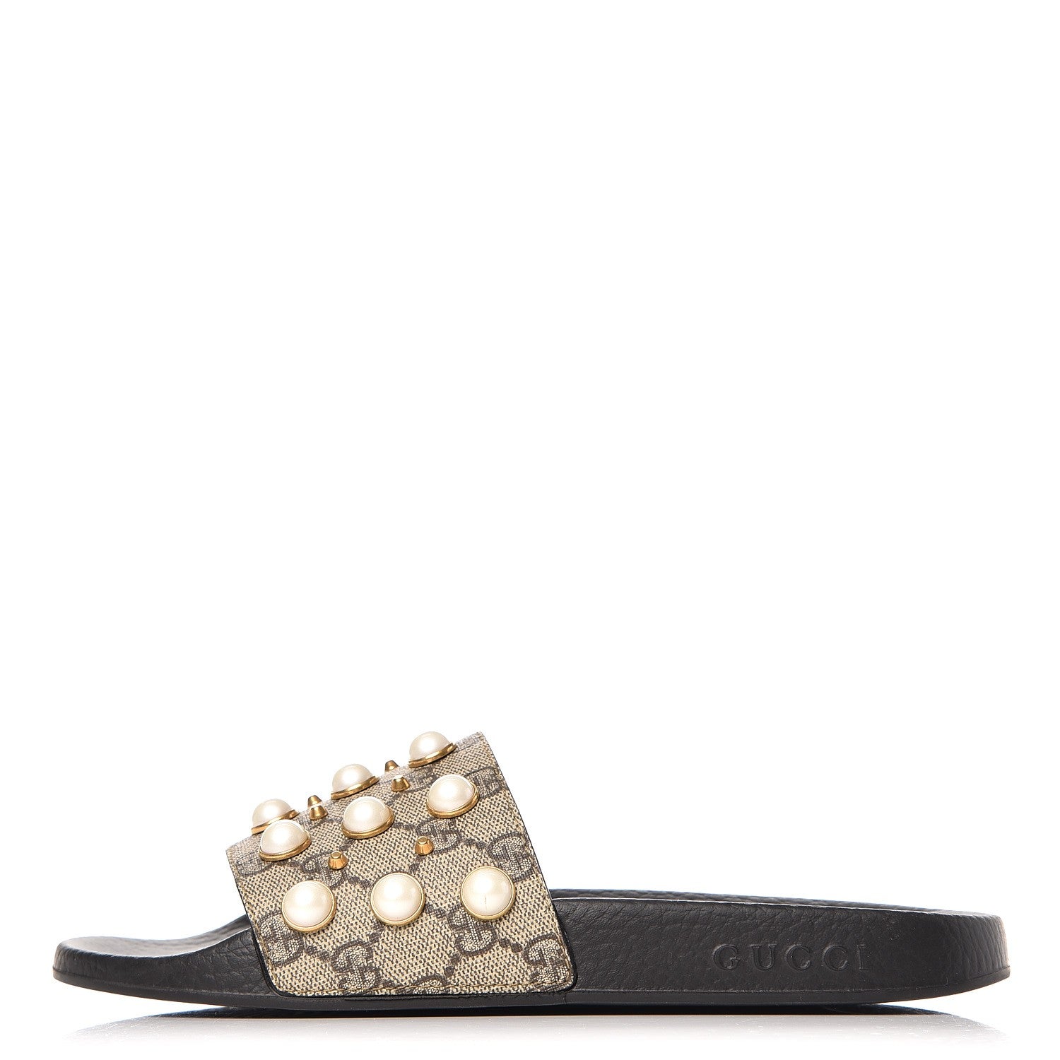 Gucci GG Supreme Monogram Slide Pearls Sandals 39 Beige 1 of 9
