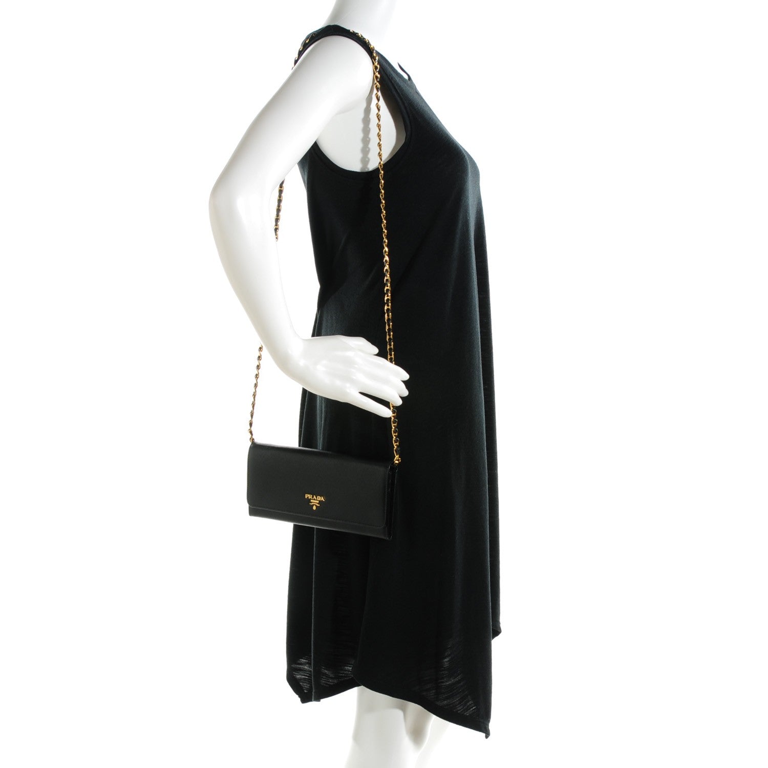 Prada Saffiano Metal Oro Chain Wallet Nero Black 2 of 7