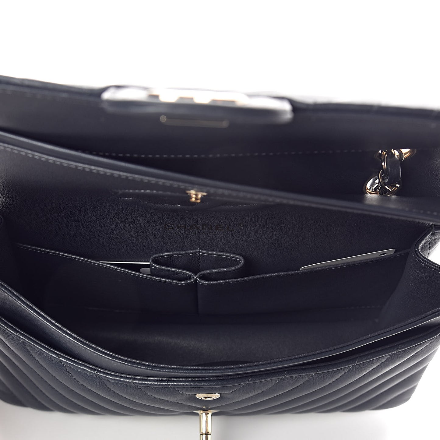 Lambskin Chevron Quilted Medium Double Flap Navy Blue