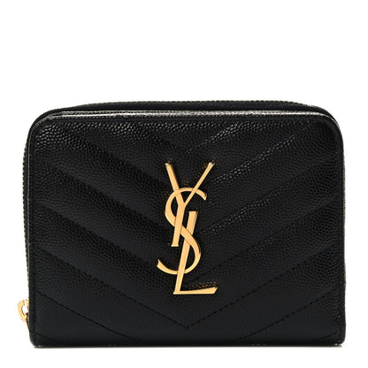 Saint Laurent Grain De Poudre Matelasse Chevron Monogram Compact Zip Around Wallet Black 1 of 7