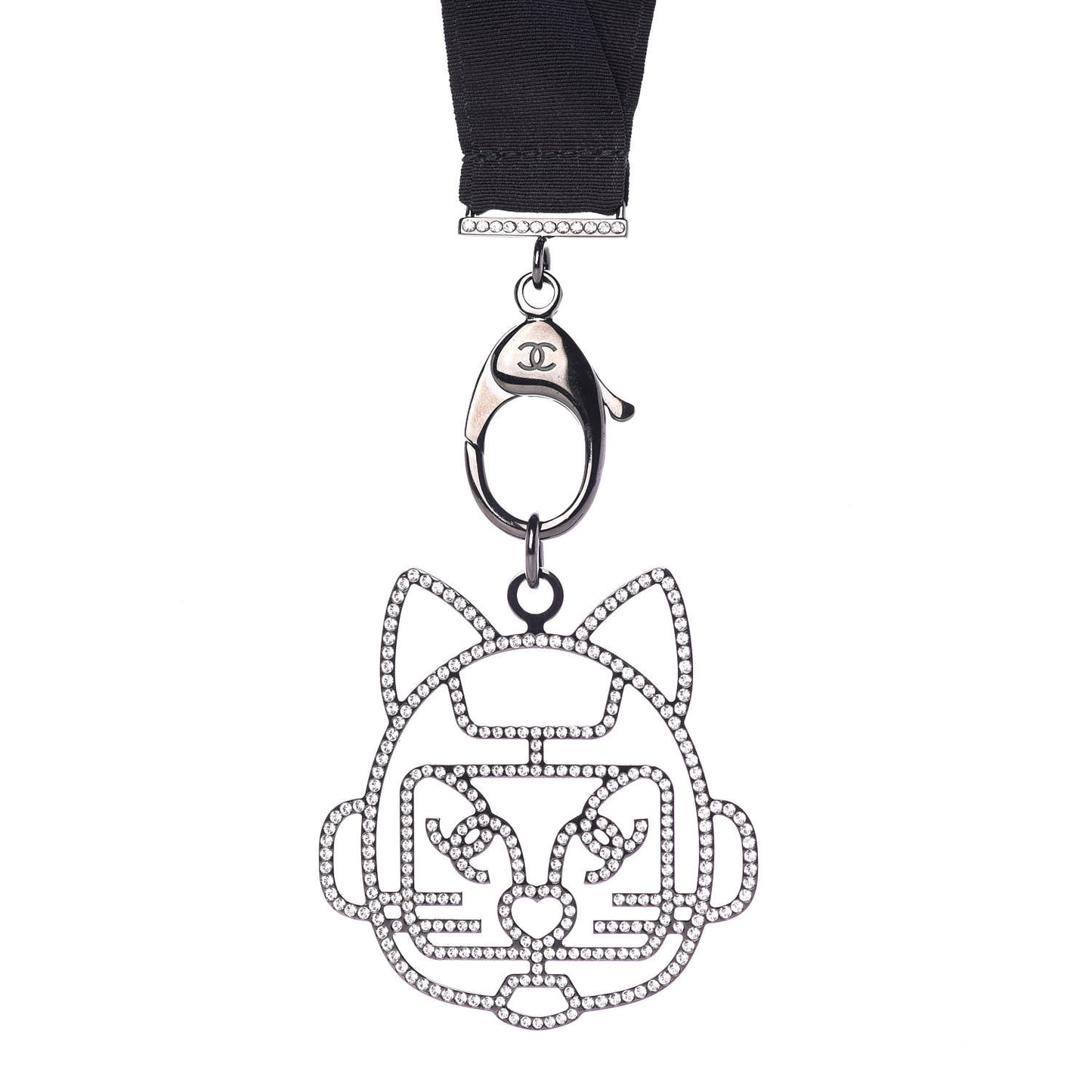 Crystal CC Emoji Robot Cat Lanyard Necklace Black Silver