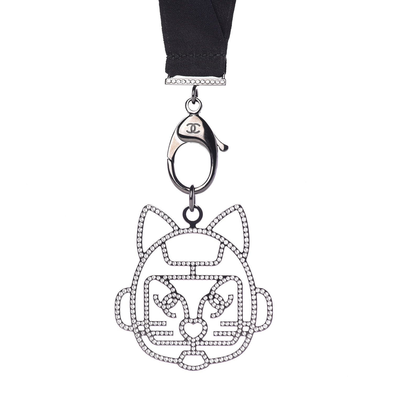 Chanel Crystal CC Emoji Robot Cat Lanyard Necklace Black Silver 3 of 6