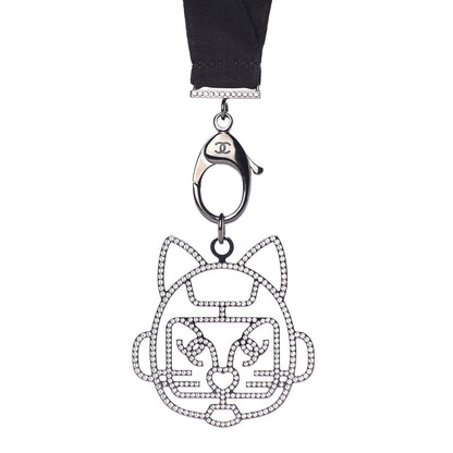 Chanel Crystal CC Emoji Robot Cat Lanyard Necklace Black Silver 3 of 6