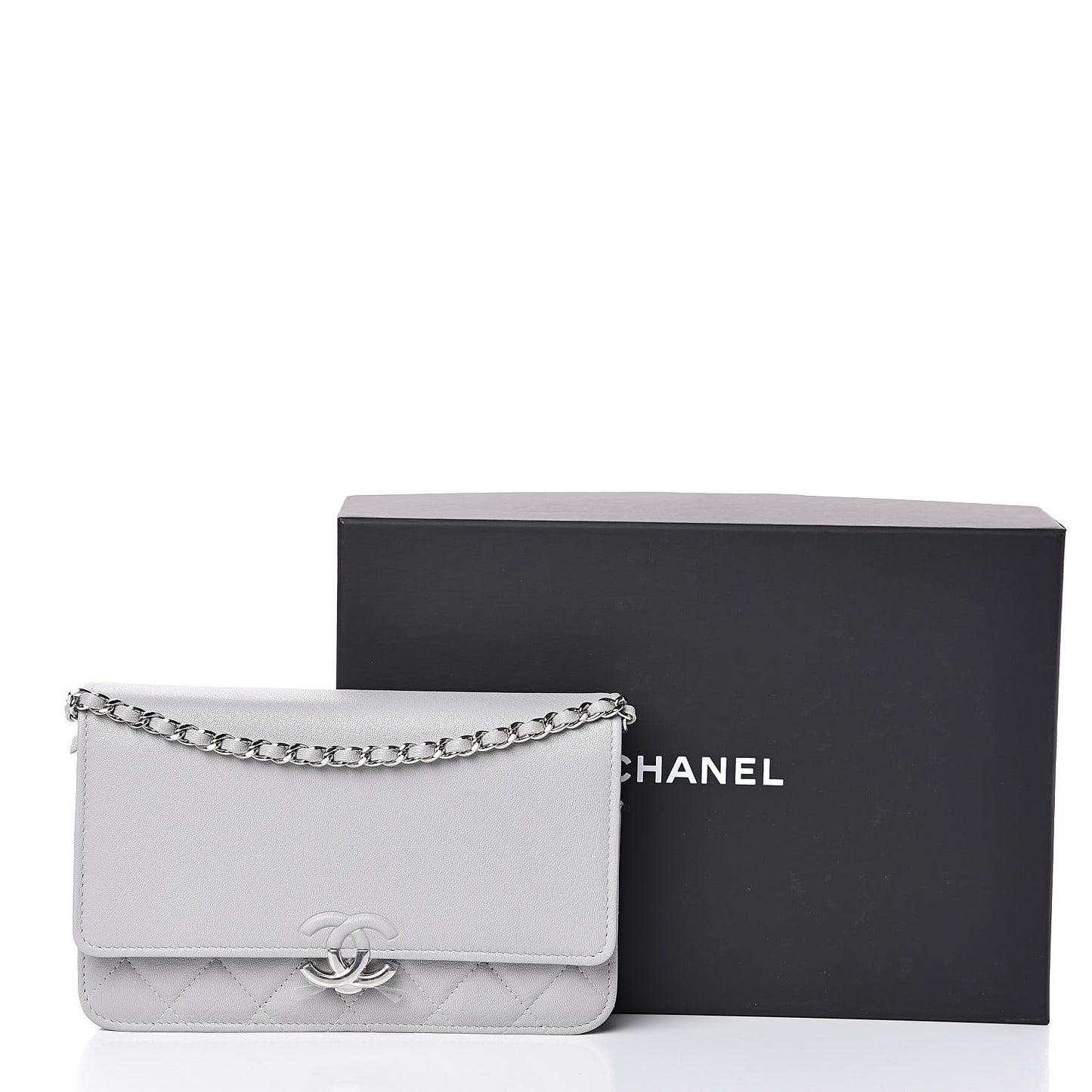 Grained Calfskin Quilted CC Box Wallet On Chain WOC Grey