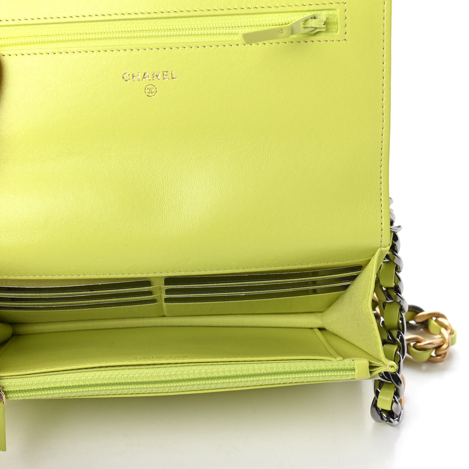 Chanel Shiny Lambskin Quilted Chanel 19 Wallet On Chain WOC Neon Yellow 5 of 12