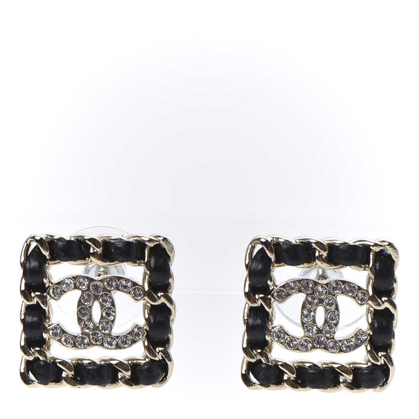 Crystal Lambskin Chain Sergeant Chanel Stud Earrings Black Gold