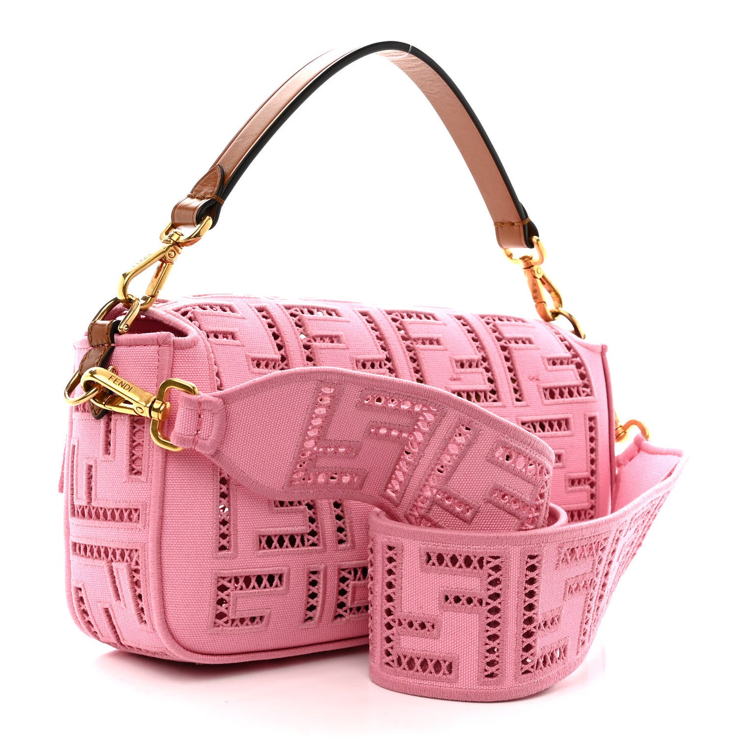 Canvas Cuoio Agata FF Ajour Embroidered Baguette Ciclamino Cuoio