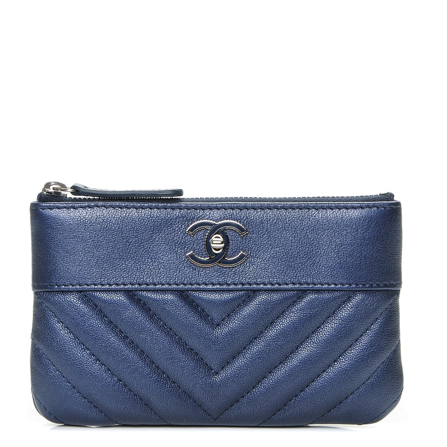 Metallic Sheepskin Chevron Quilted Small Vintage Mademoiselle Cosmetic Case Navy