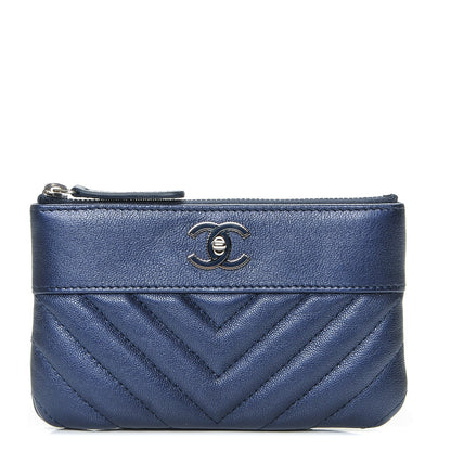Chanel Metallic Sheepskin Chevron Quilted Small Vintage Mademoiselle Cosmetic Case Navy 1 of 7