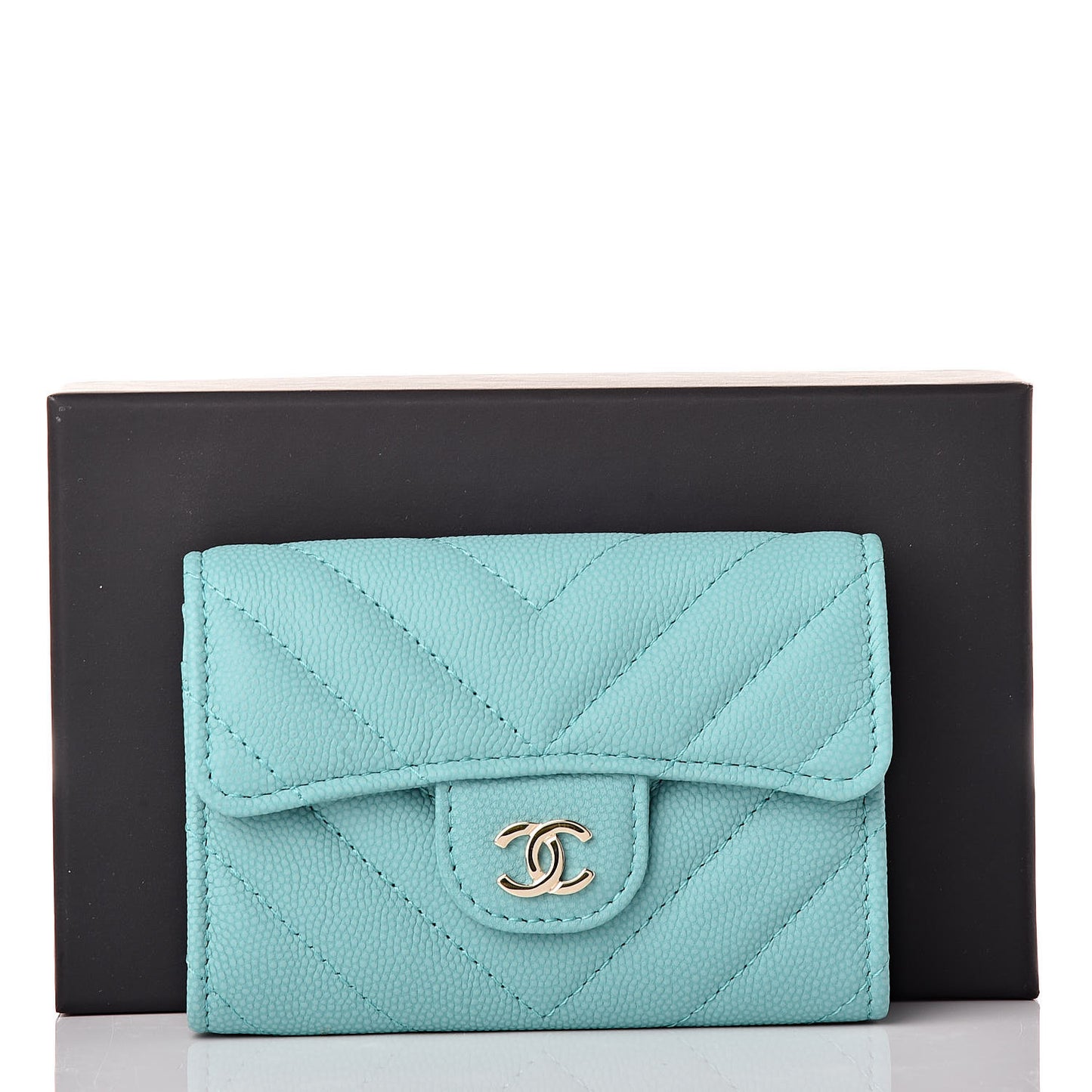 Caviar Chevron Quilted Card Holder Wallet Green