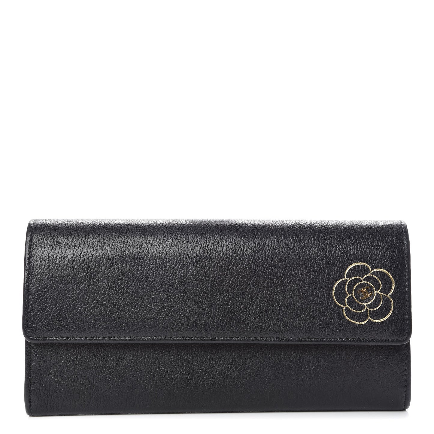 Goatskin Camellia Embossed Flap Wallet Black