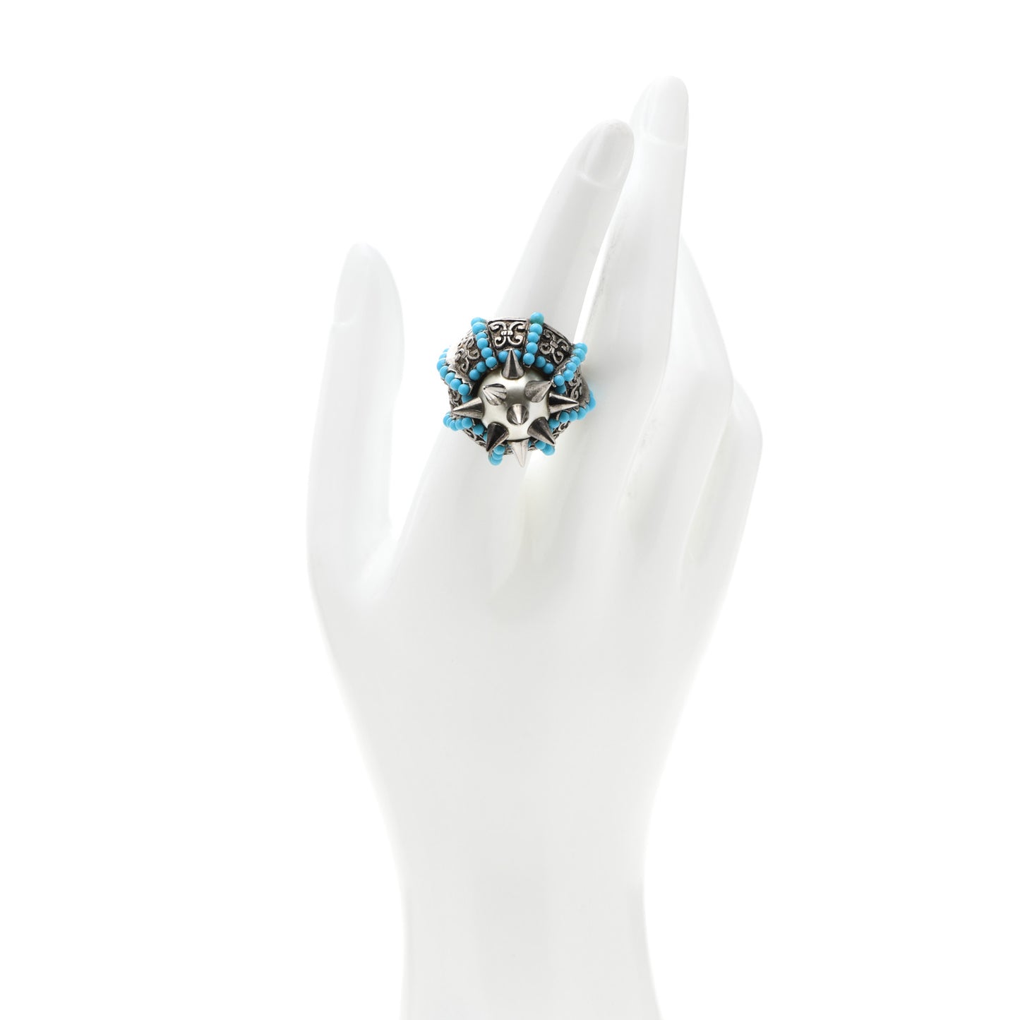 Pearl Beaded Spiked Ring 6.5 Silver Turquoise