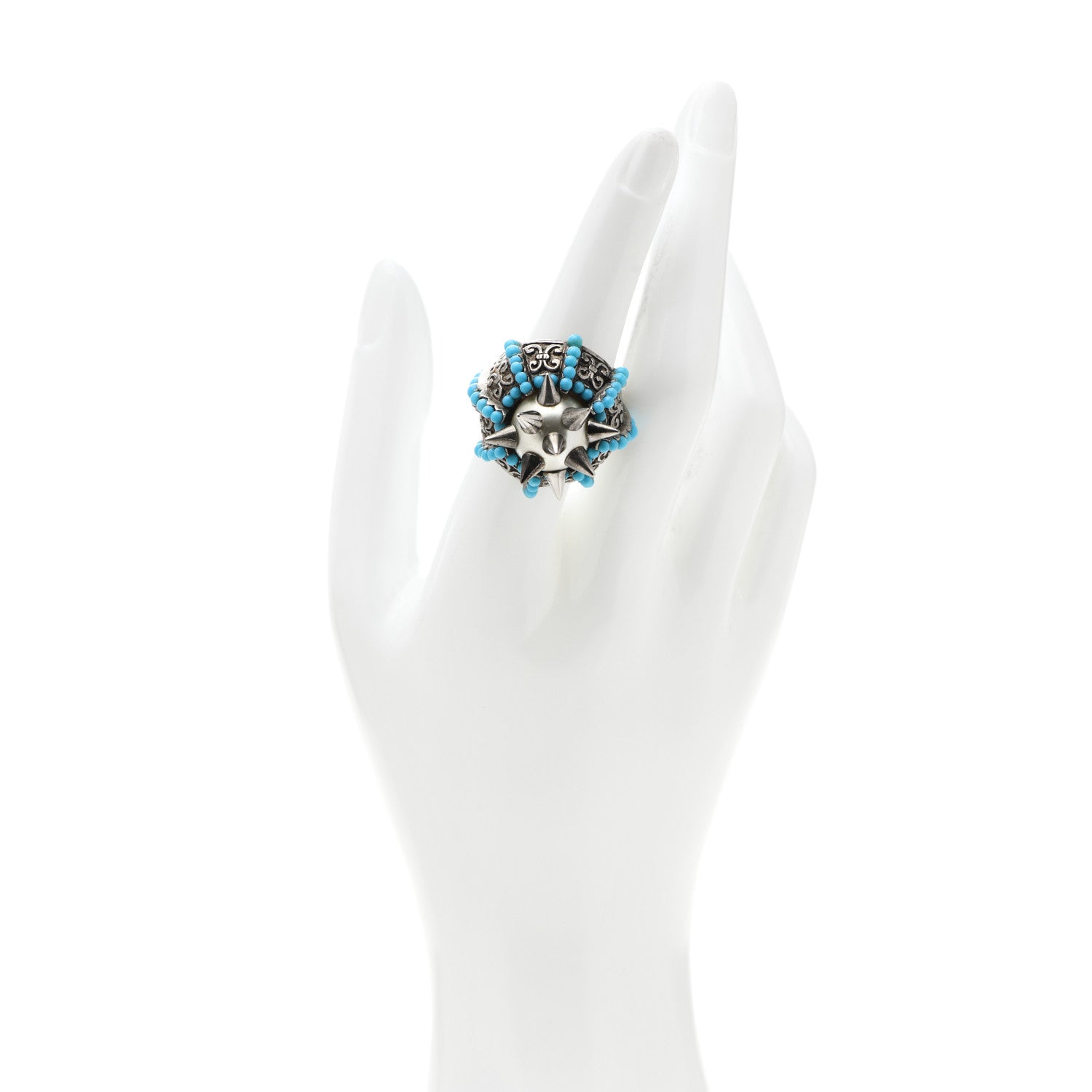 Gucci Pearl Beaded Spiked Ring 6.5 Silver Turquoise 2 of 8