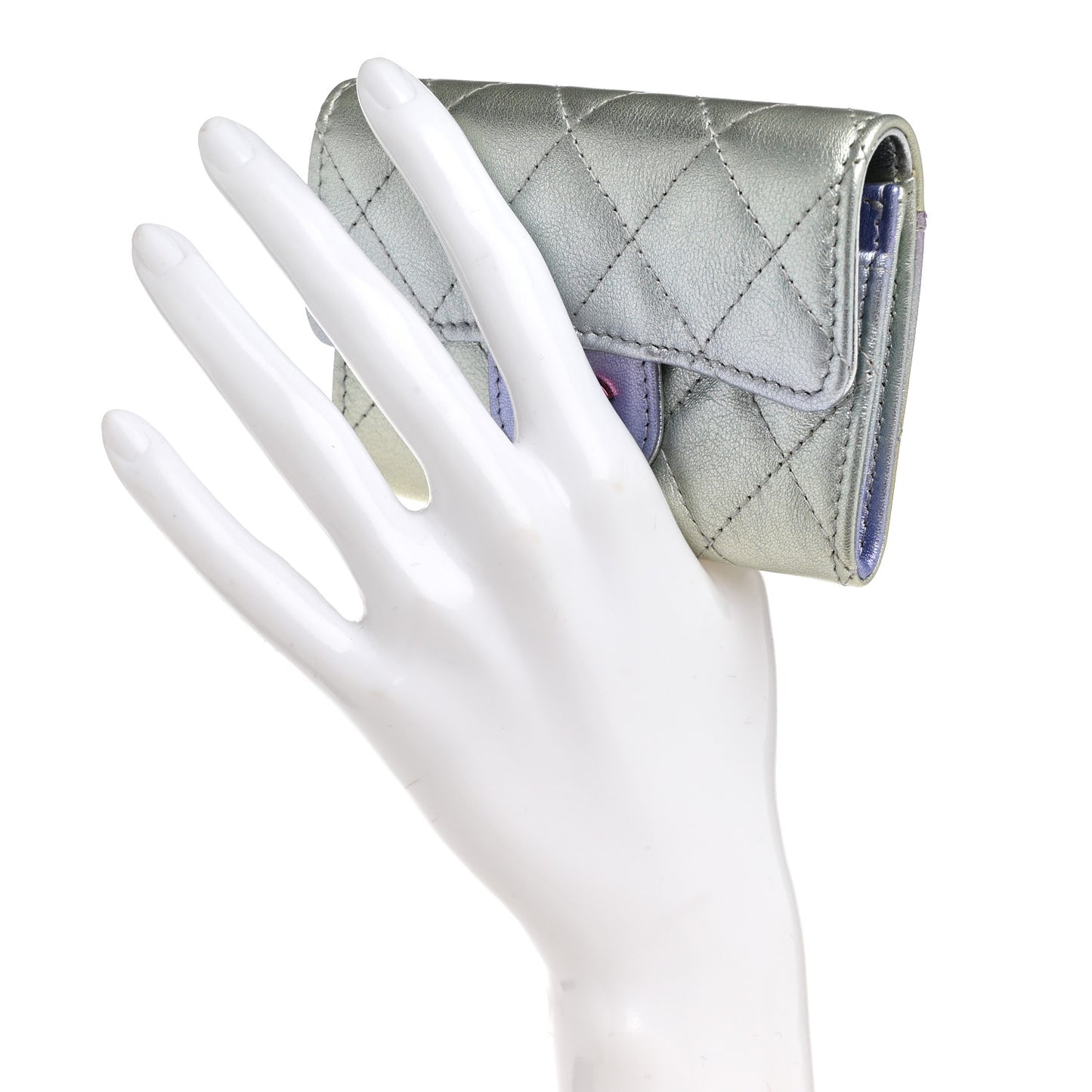 Gradient Metallic Calfskin Quilted Flap Card Holder Wallet Silver Blue Yellow Purple