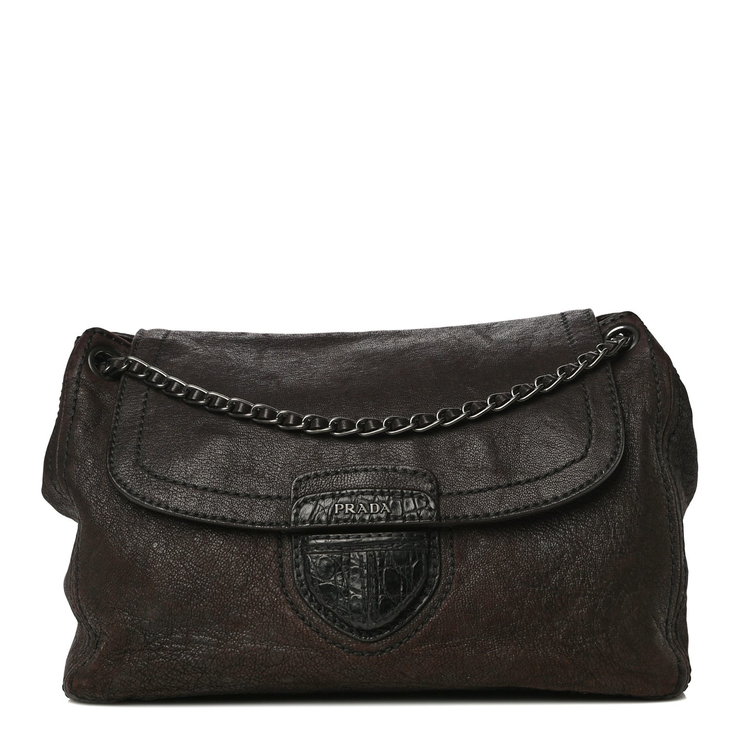 Goatskin Crocodile Embossed Flap Shoulder Bag Dark Brown