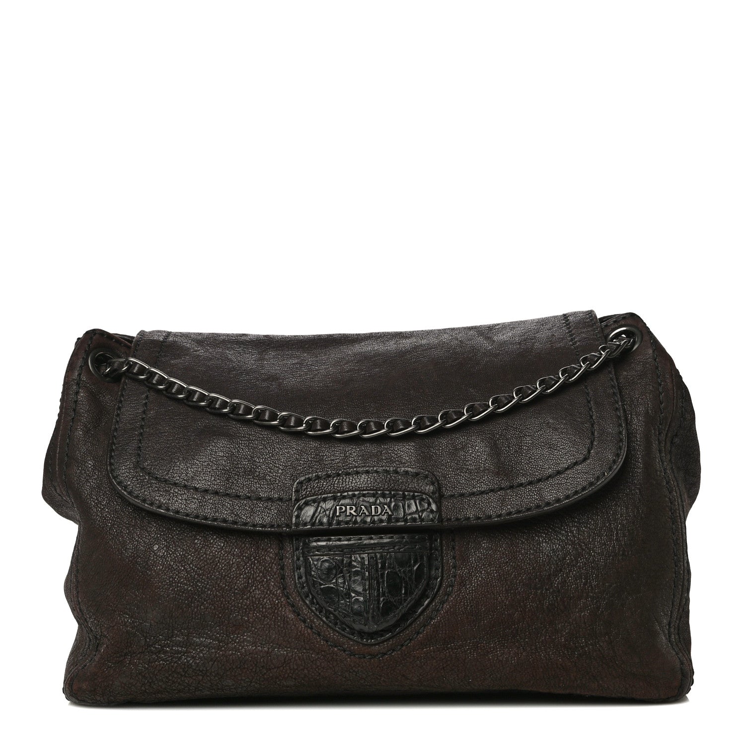 Prada Goatskin Crocodile Embossed Flap Shoulder Bag Dark Brown 1 of 14
