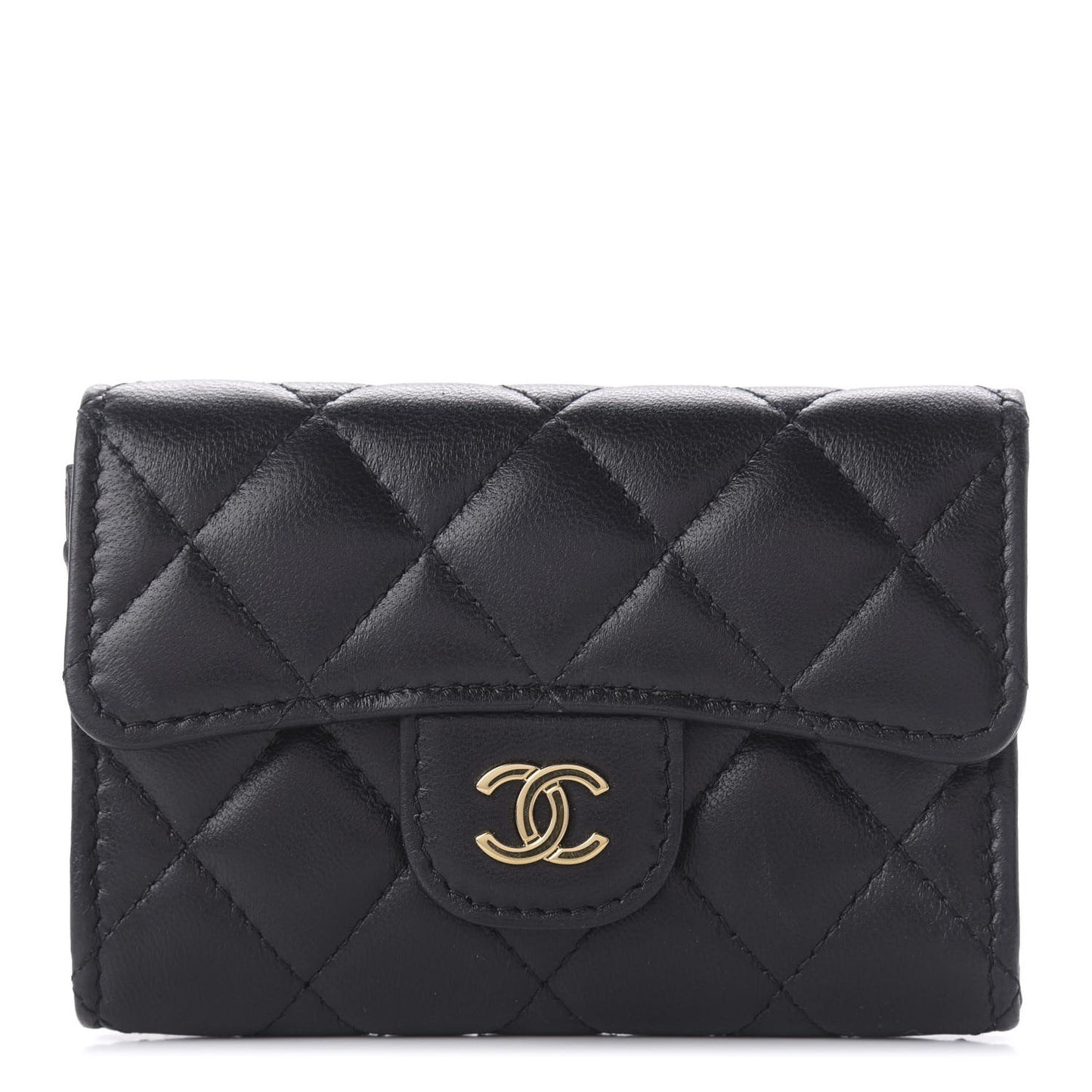 Lambskin Quilted Flap Card Holder Black