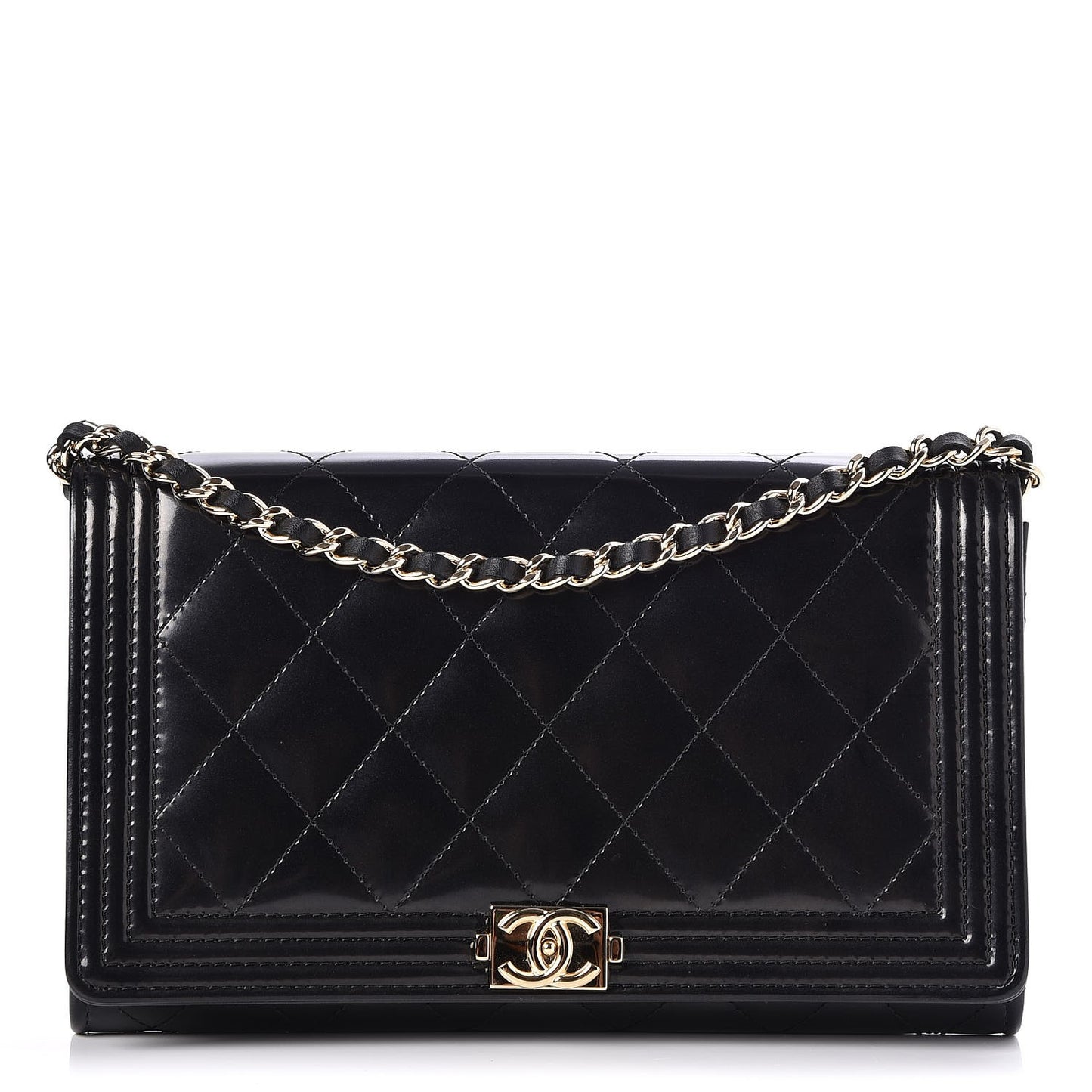 Patent Calfskin Quilted Boy Wallet on Removable Chain Black