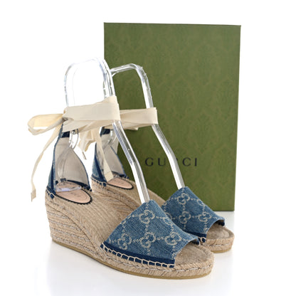 Gucci New Denim GG Monogram Pilar Ankle Wrap Espadrille Wedge Sandals 38 Light Blue 14 of 14