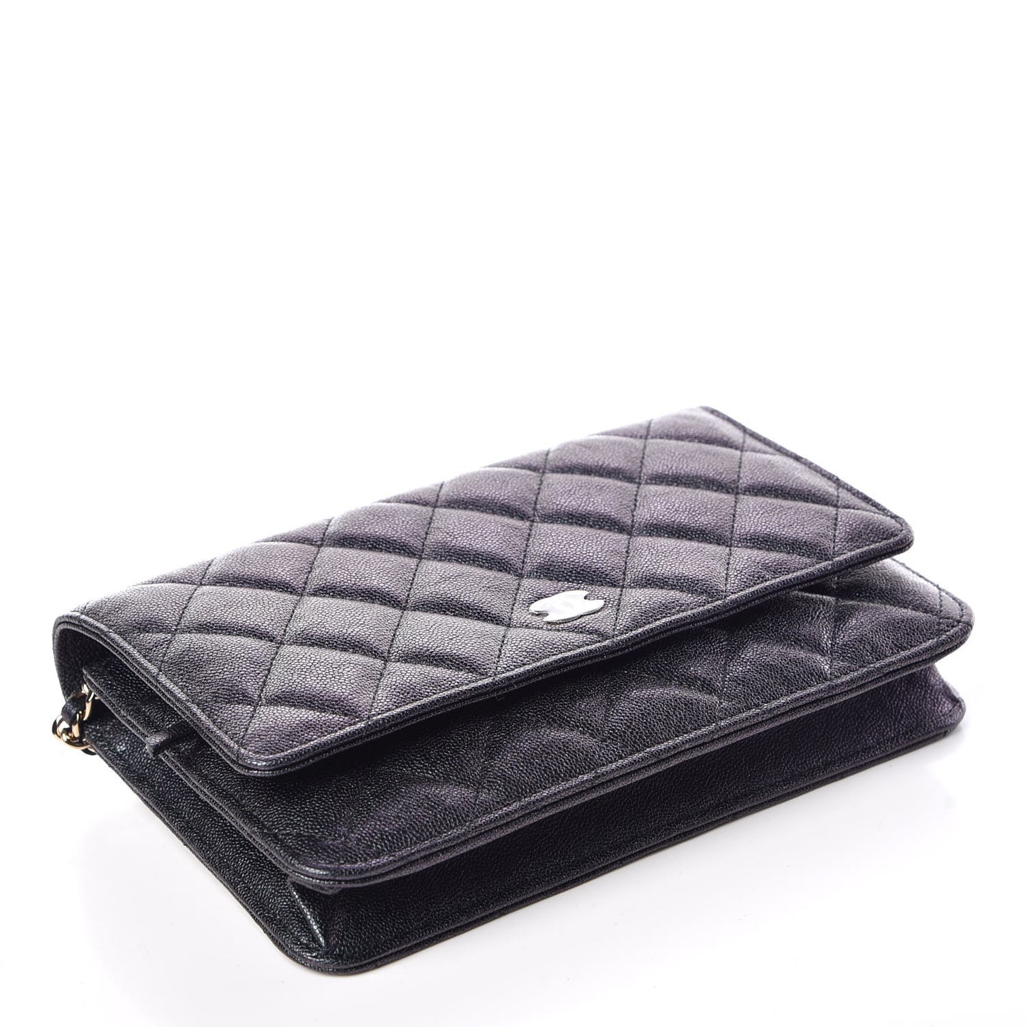 Iridescent Caviar Quilted Wallet On Chain WOC Black