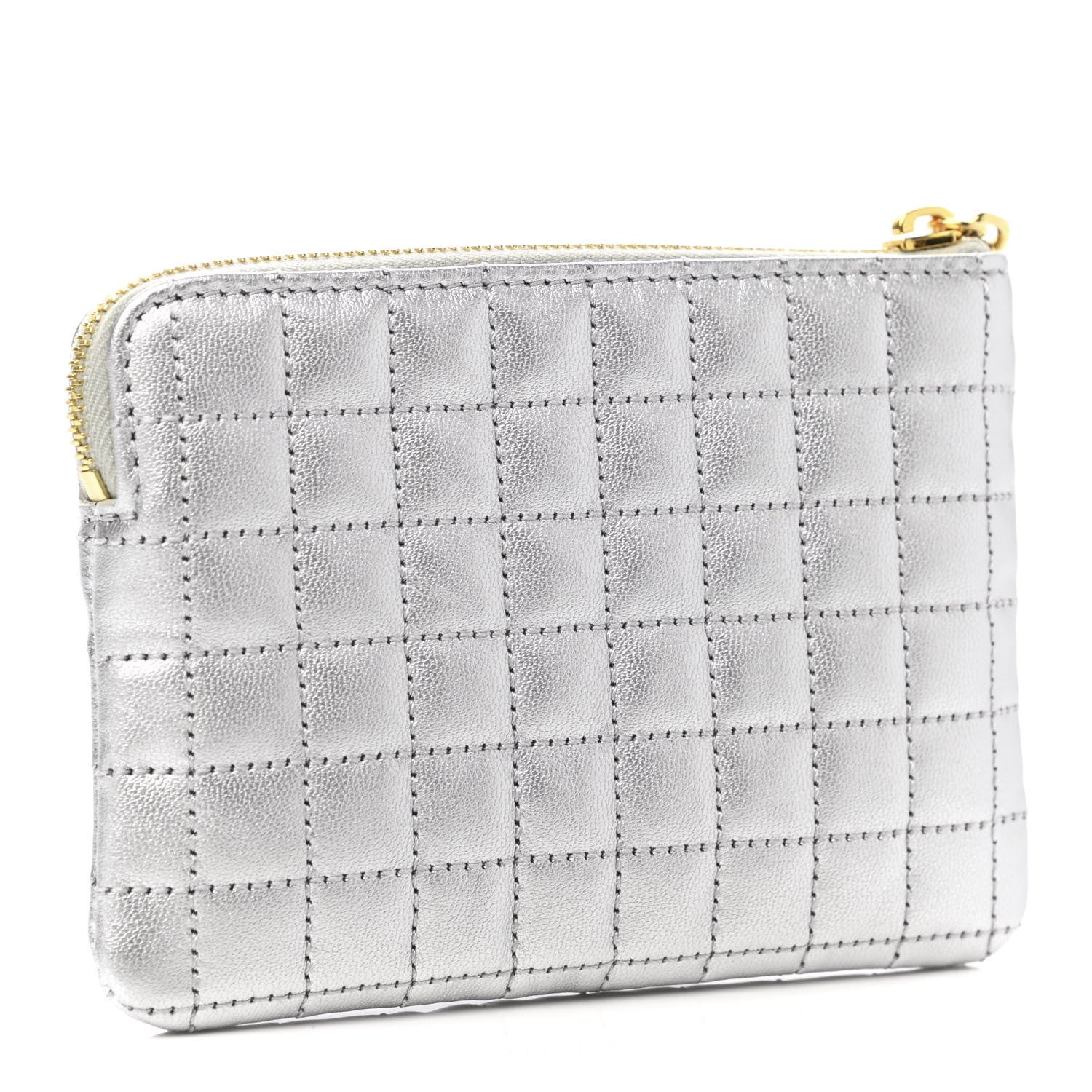 Celine Laminated Calfskin Quilted C Charm Coin Card Pouch Silver 3 of 7