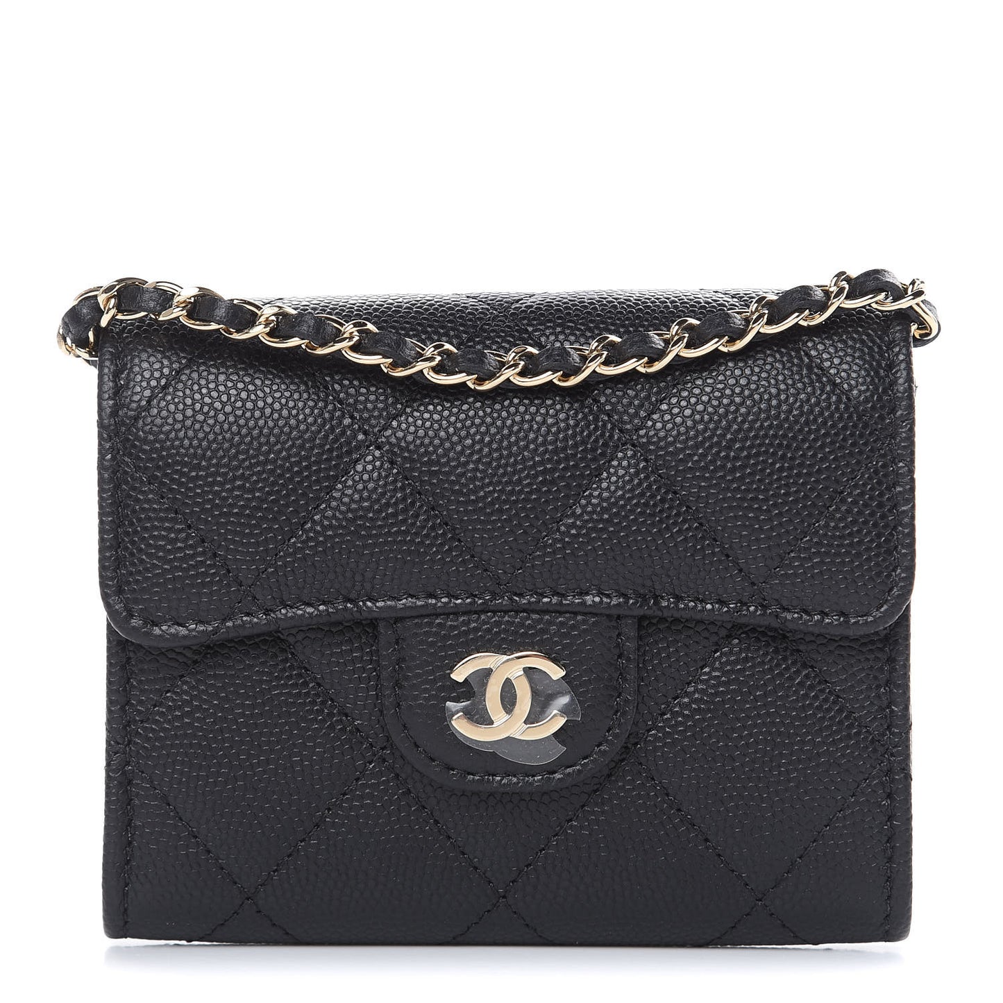 Caviar Quilted Flap Card Holder On Chain Black