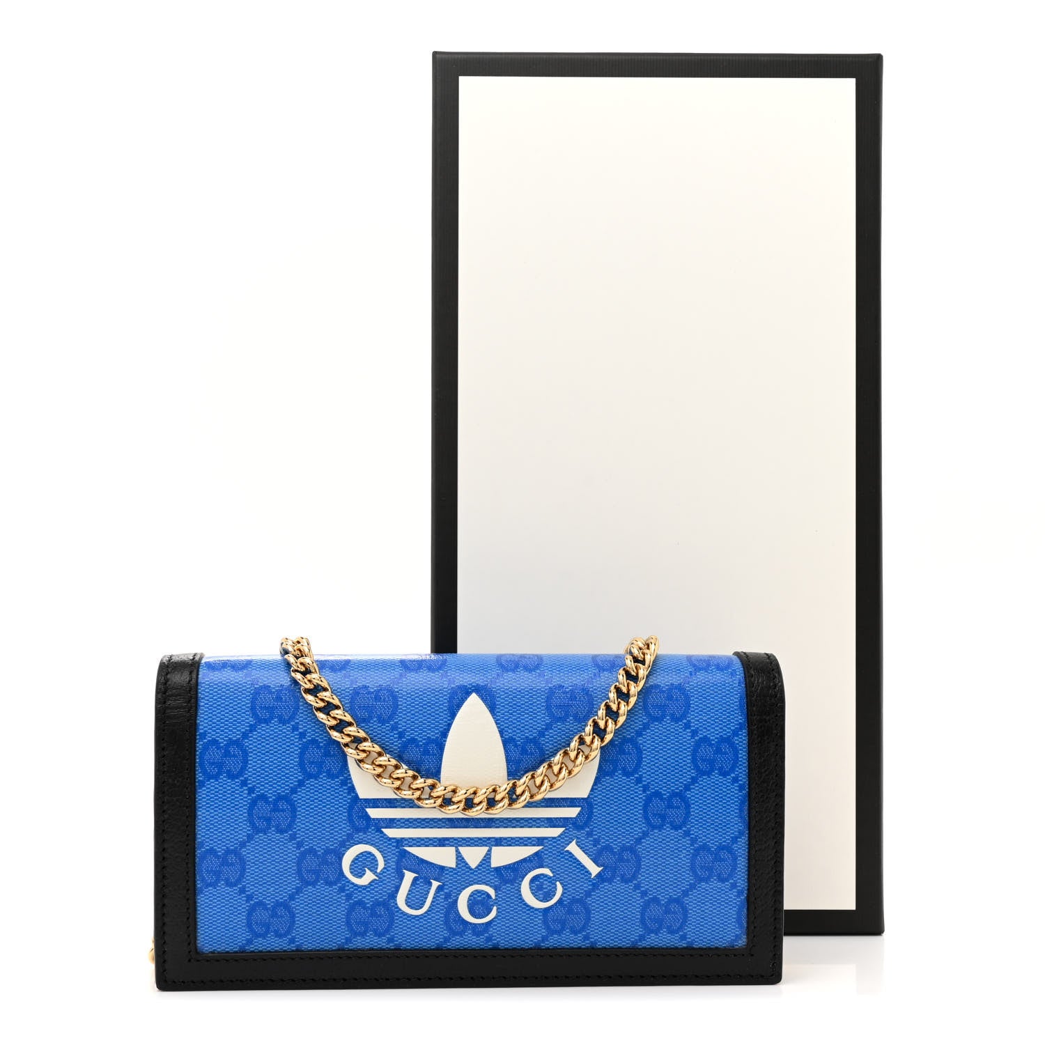 Gucci X ADIDAS Monogram Textured Dollar Calfskin Trefoil Embossed Wallet On Chain Blue 11 of 11