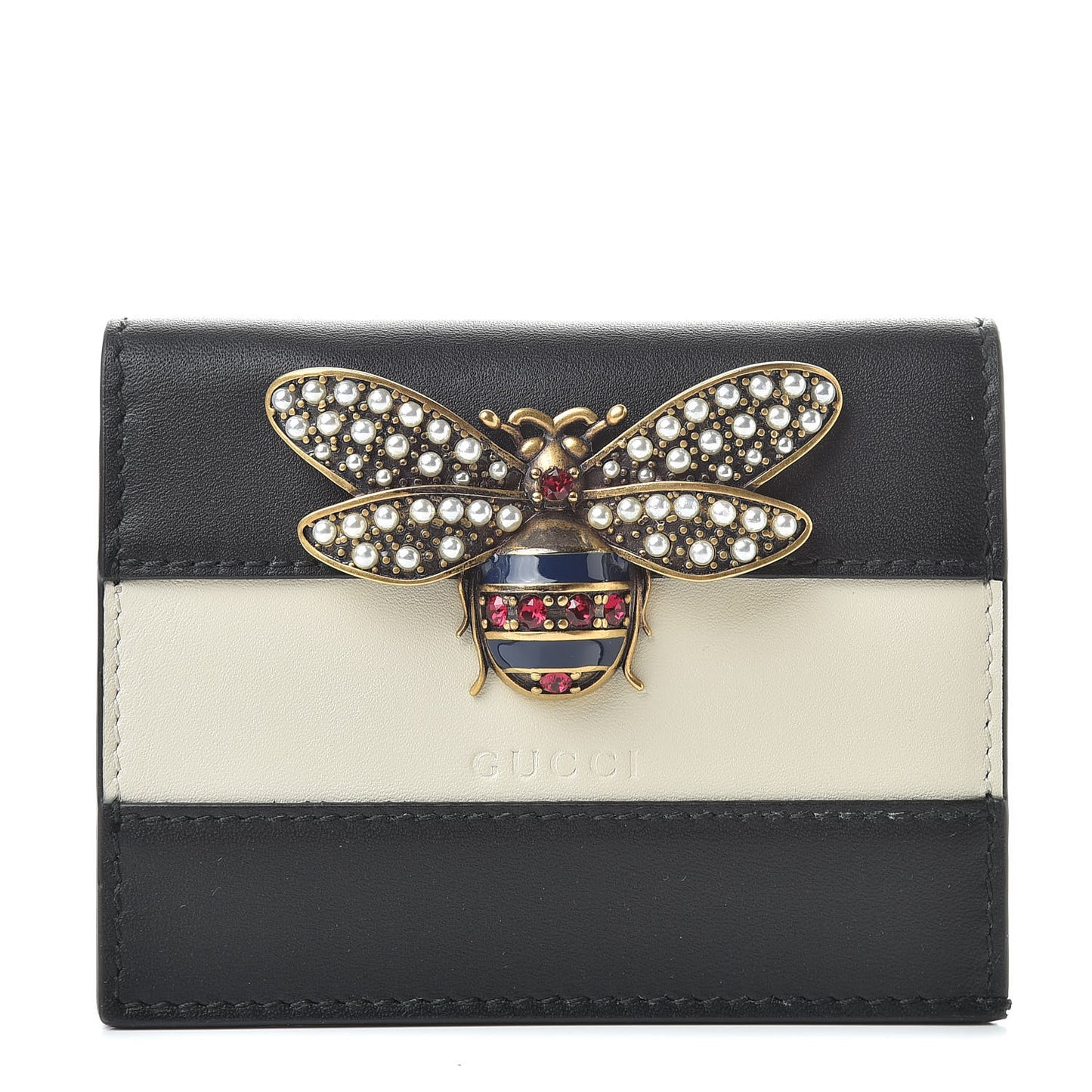 Calfskin Queen Margaret Card Case Wallet Black Mystic White