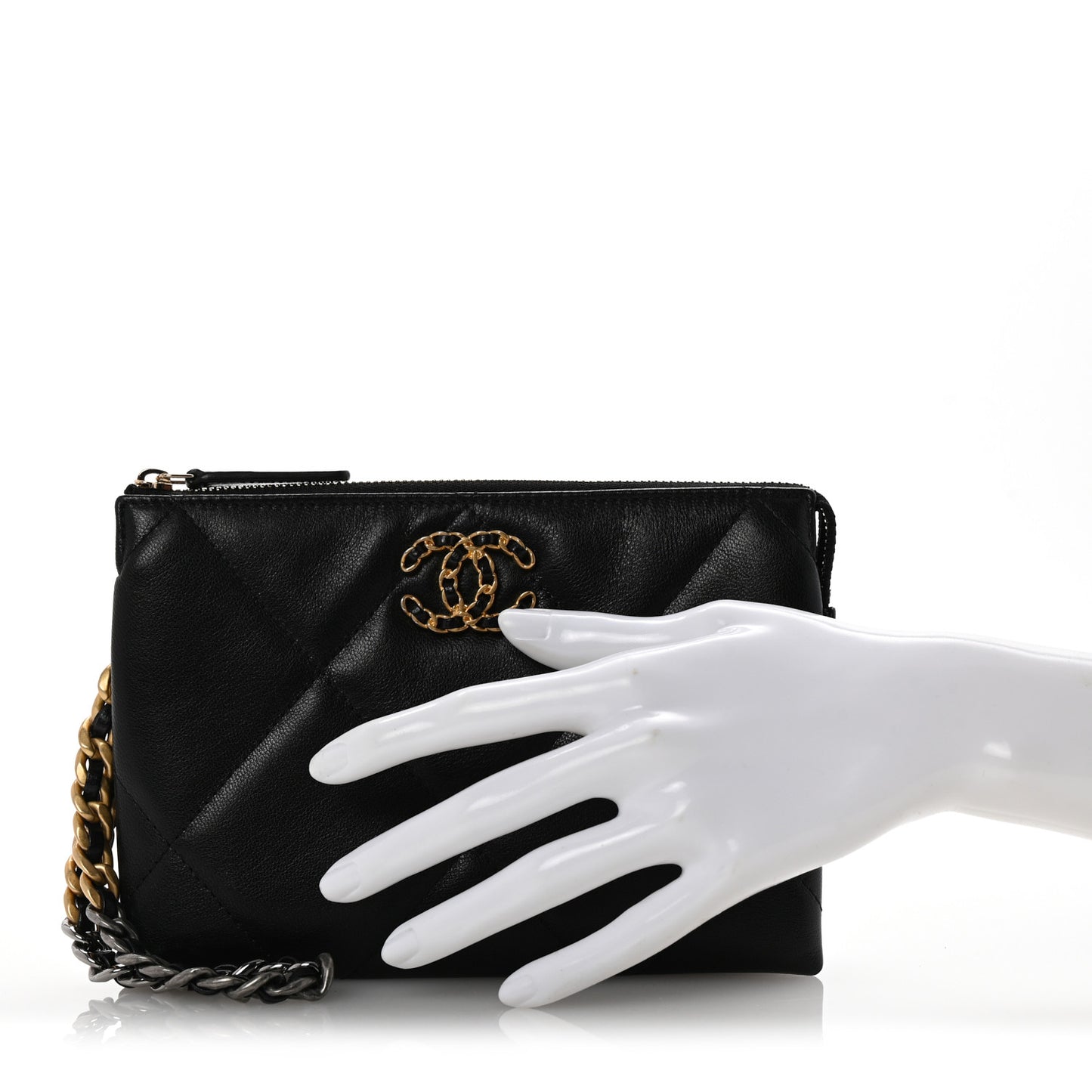 Shiny Goatskin Quilted Small Chanel 19 Pouch With Handle Black