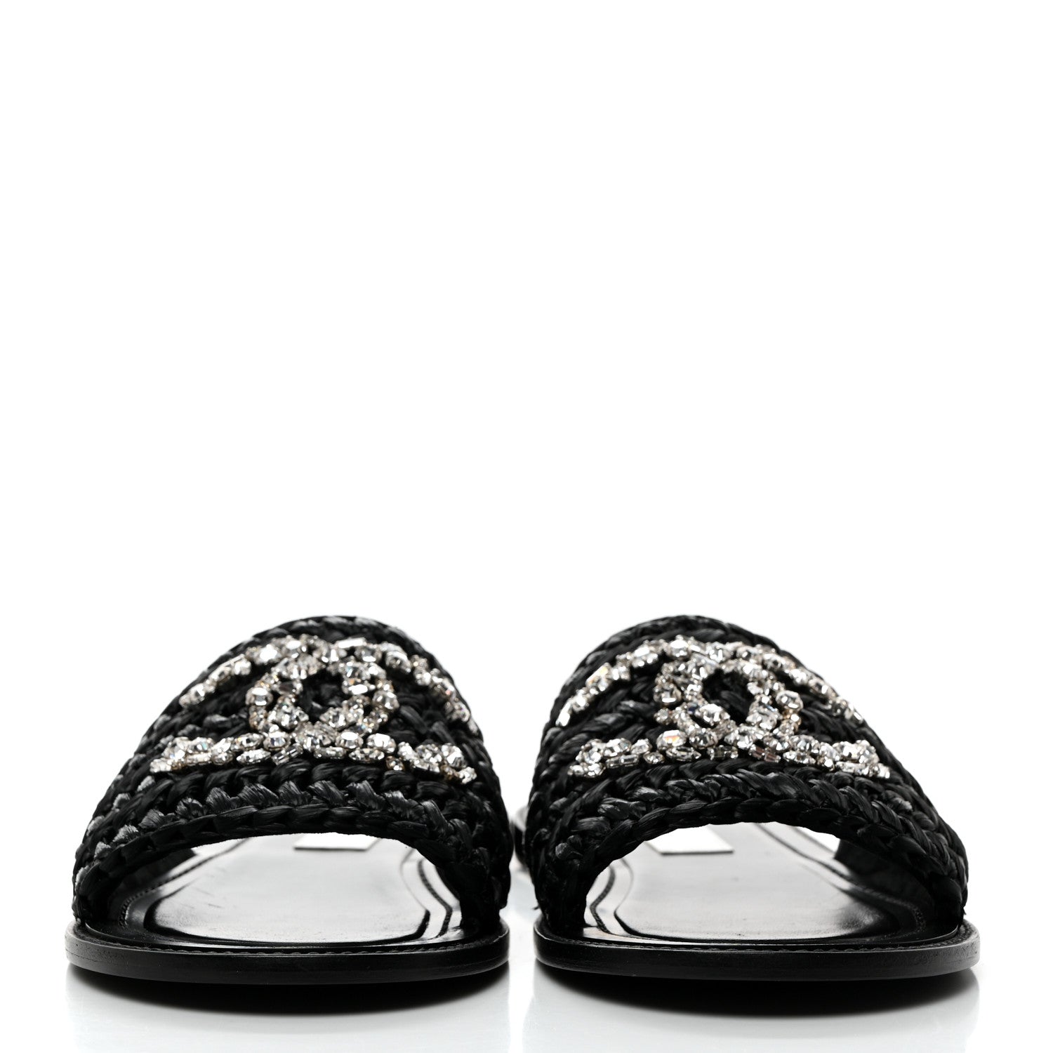 Chanel Raffia Crystal CC Mules Sandals 38.5 Black 2 of 9