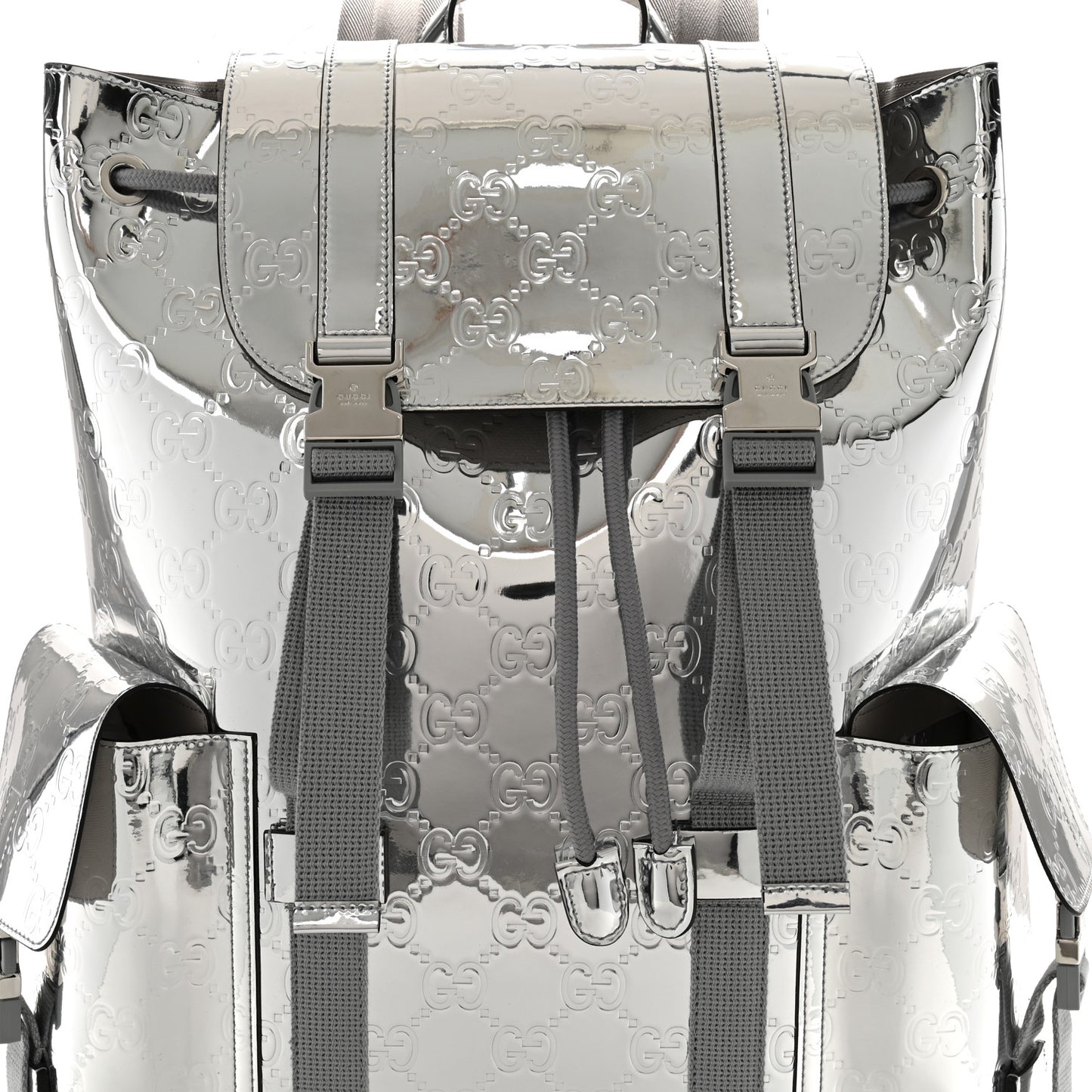 Mirror Effect GG Monogram Appia Calfskin Web Double Buckle Backpack Silver