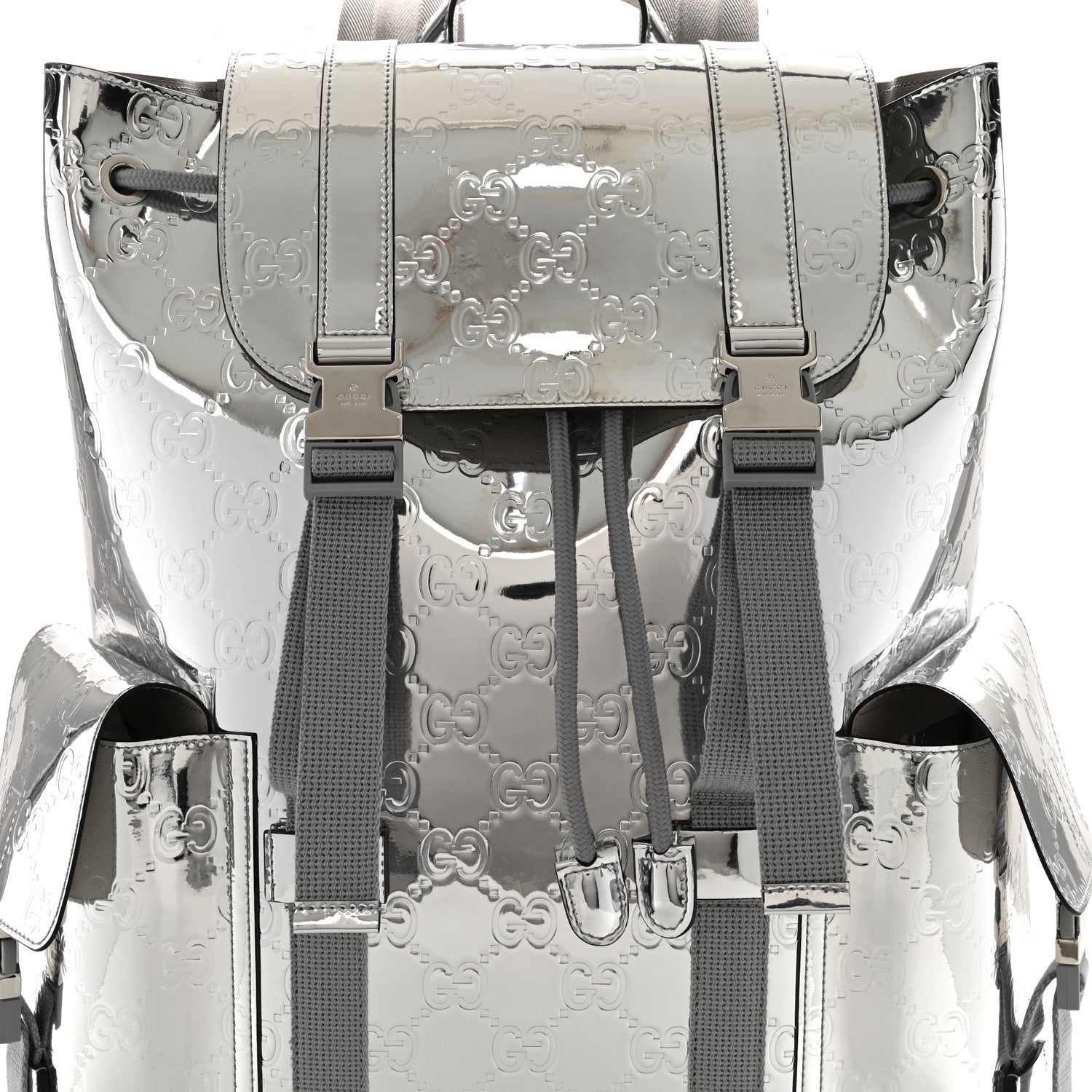 Gucci Mirror Effect GG Monogram Appia Calfskin Web Double Buckle Backpack Silver 8 of 10