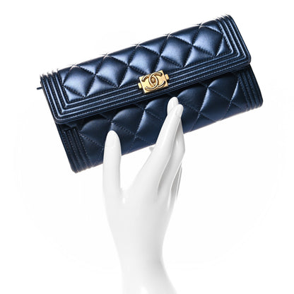 Chanel Metallic Lambskin Quilted Large Boy Gusset Flap Wallet Blue 2 of 9