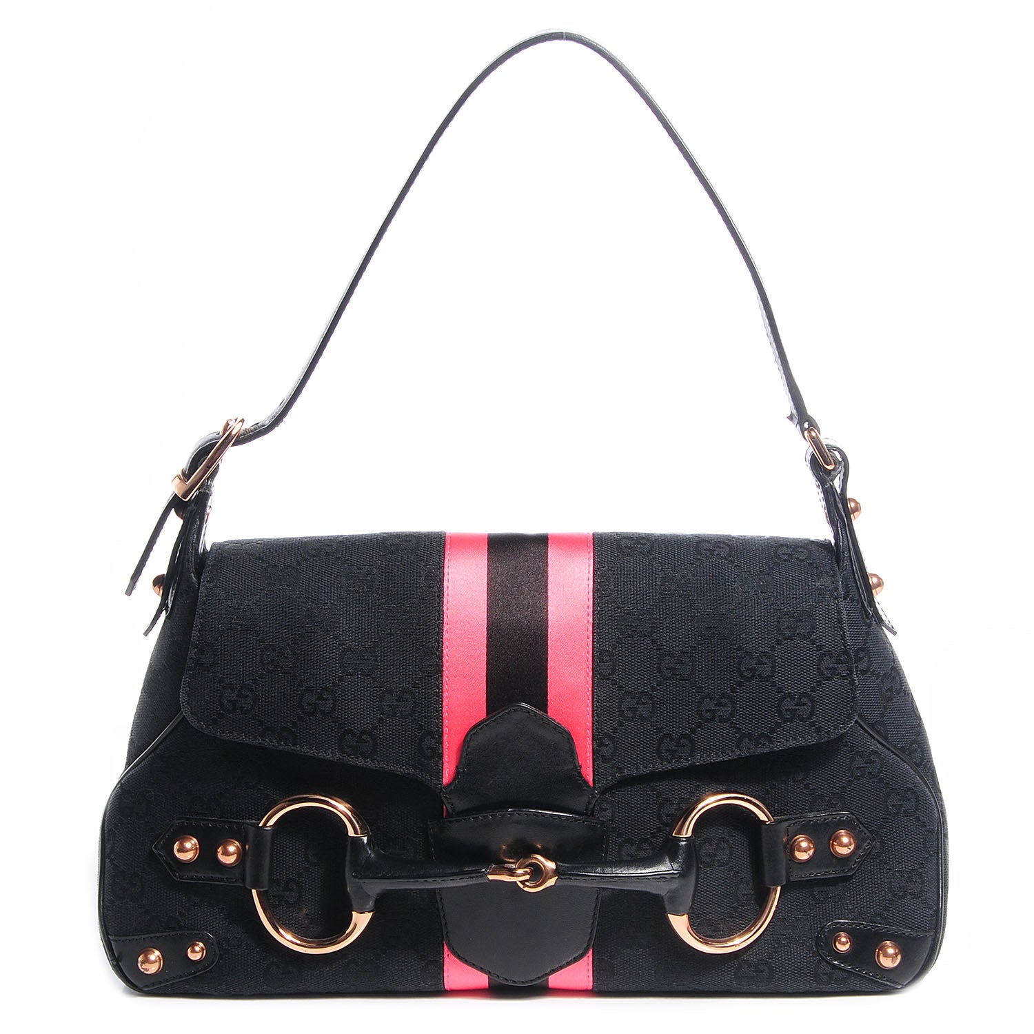 Gucci Monogram Horsebit Web Flap Bag Black Pink 1 of 7