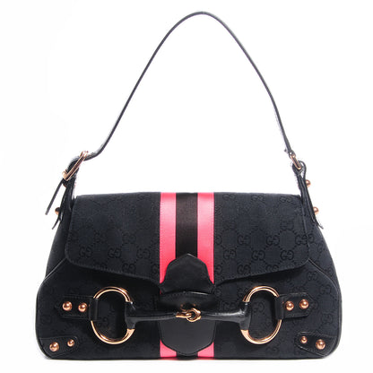 Gucci Monogram Horsebit Web Flap Bag Black Pink 1 of 7