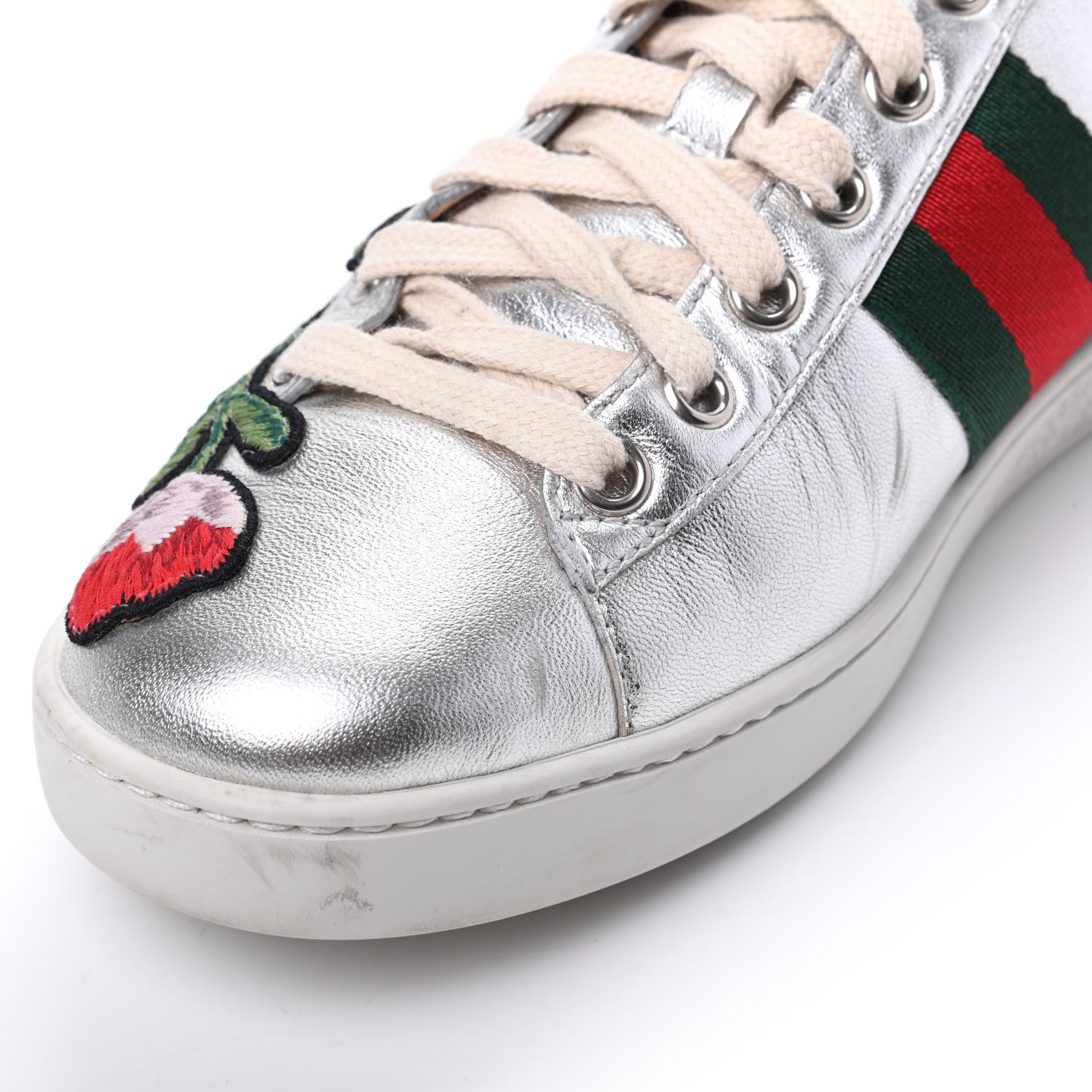 Gucci Metallic Calfskin Floral Embroidered Ace Sneakers 37 Silver 14 of 19