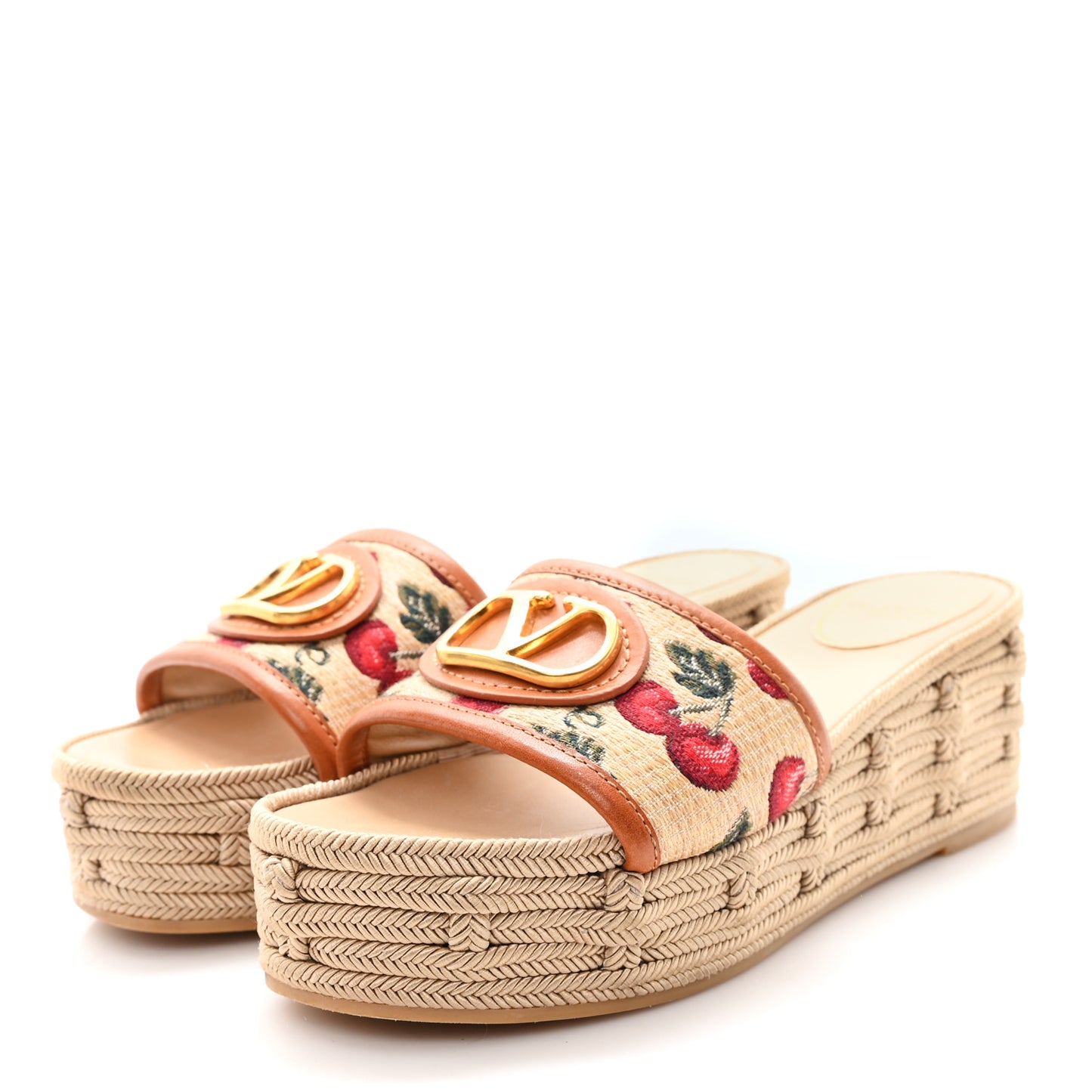 Calfskin Vlogo Signature Cherryfic Pattern Wedge Espadrille Sandals 35 Natural Red