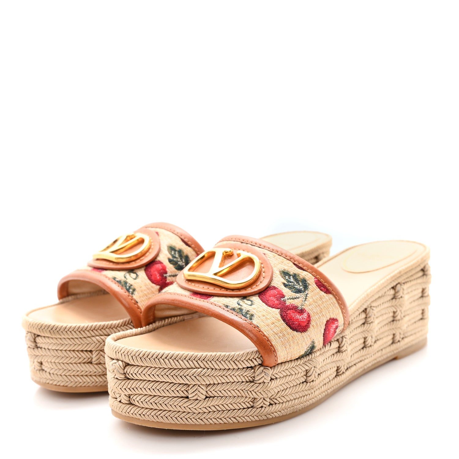 Valentino Garavani Calfskin Vlogo Signature Cherryfic Pattern Wedge Espadrille Sandals 35 Natural Red 5 of 9