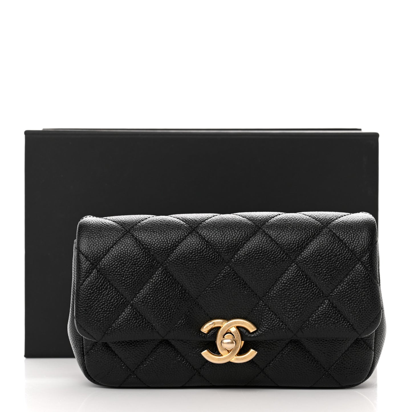Shiny Caviar Quilted Chain Melody Waist Belt Bag Black