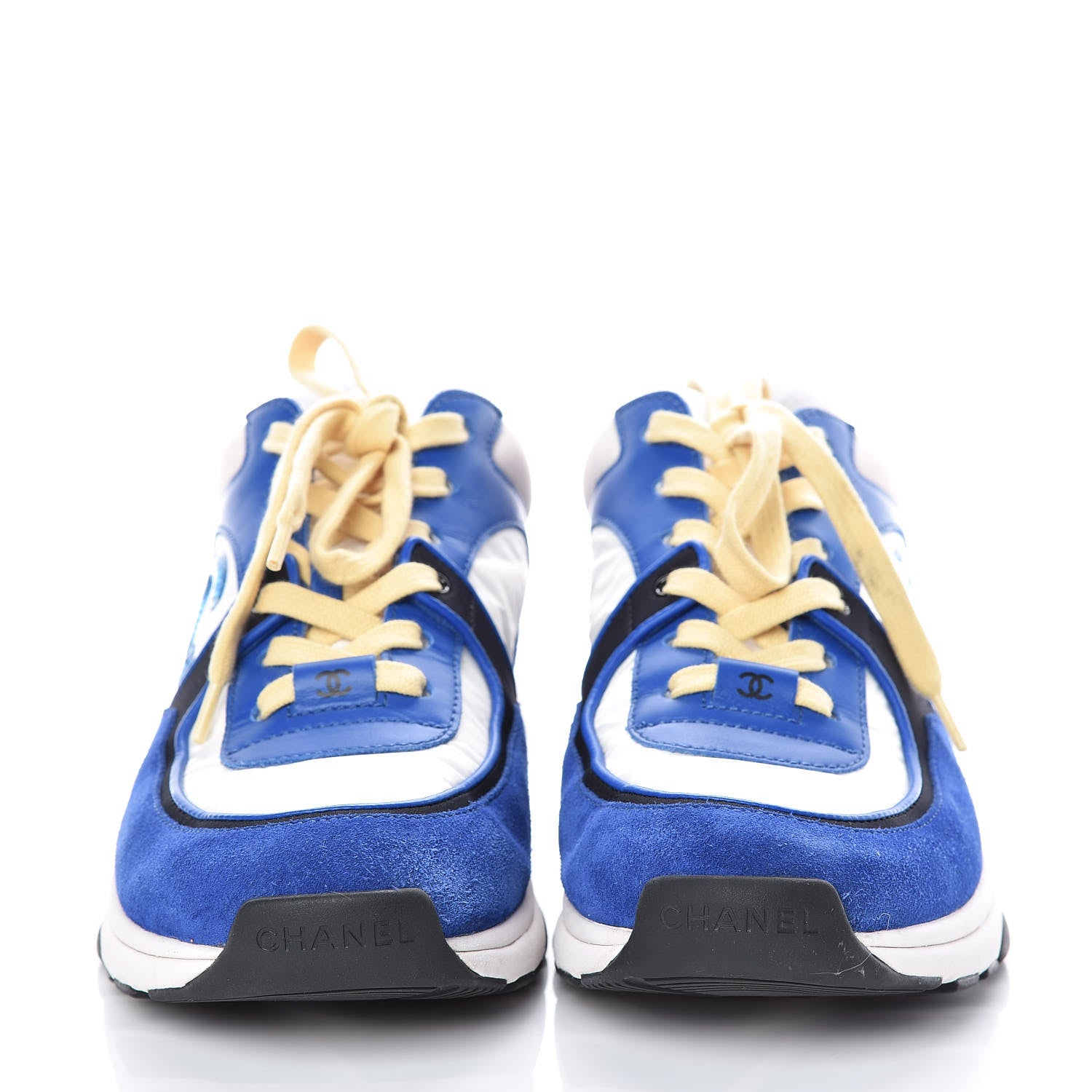 Chanel Nylon Lambskin Suede CC Womens Sneakers 37.5 Blue White Black 2 of 13