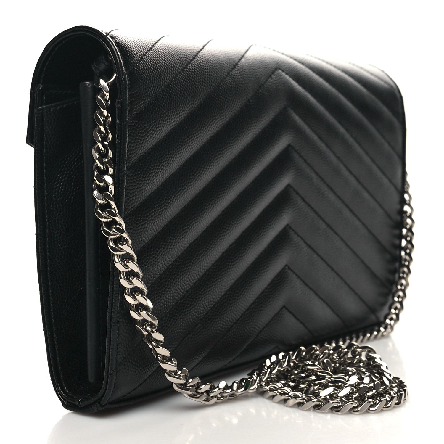 Saint Laurent Grain De Poudre Matelasse Chevron Monogram Chain Wallet Black 3 of 11