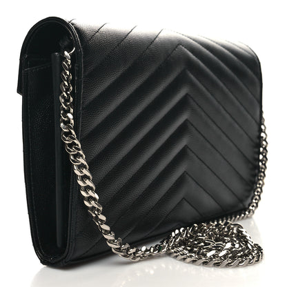 Saint Laurent Grain De Poudre Matelasse Chevron Monogram Chain Wallet Black 3 of 11