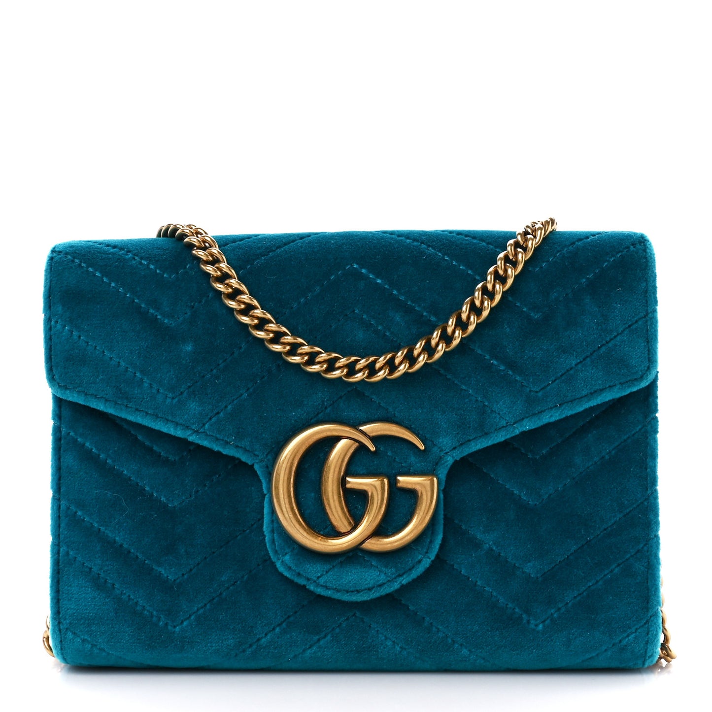 Velvet Matelasse GG Marmont Chain Wallet Pavone Cyan