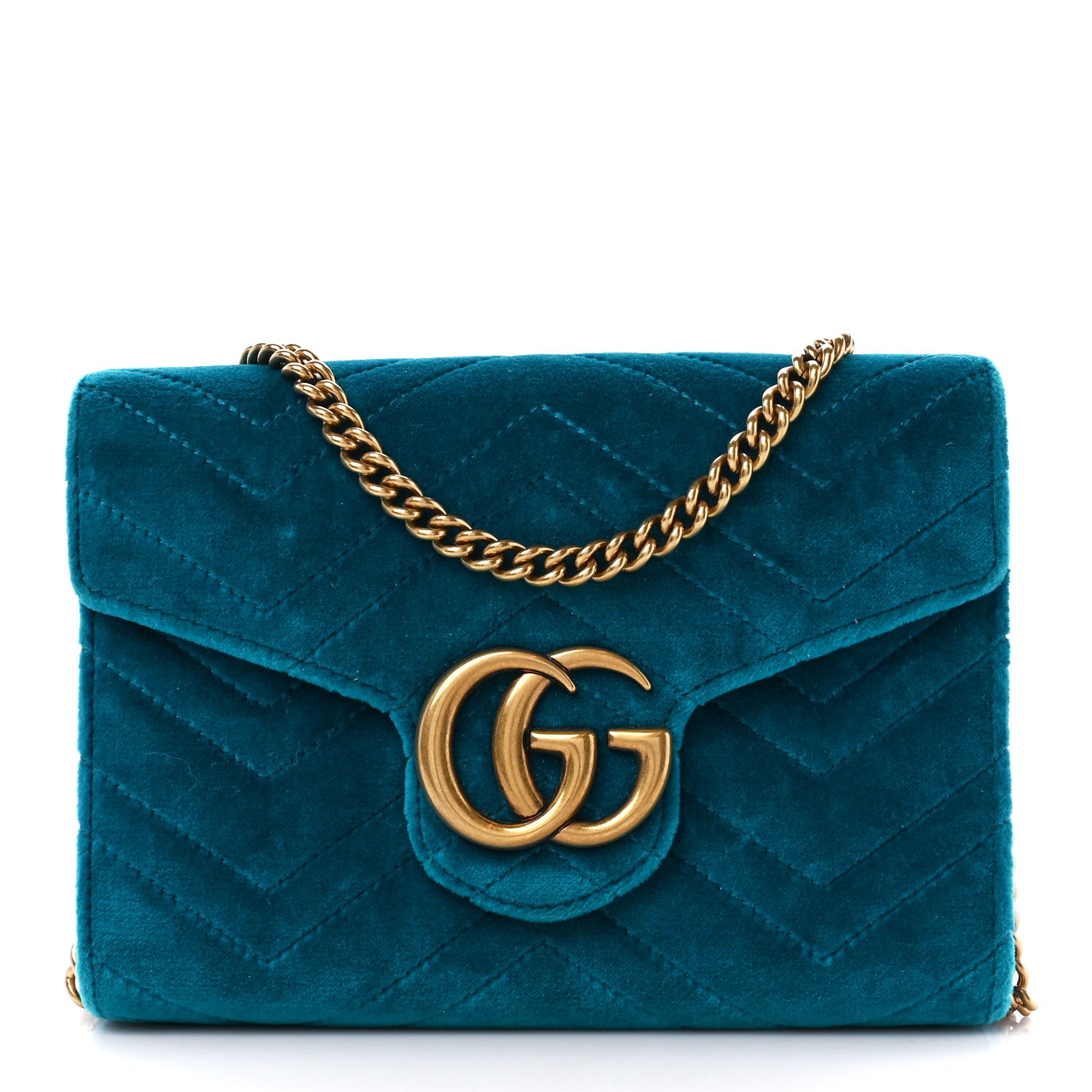 Gucci Velvet Matelasse GG Marmont Chain Wallet Pavone Cyan 1 of 10
