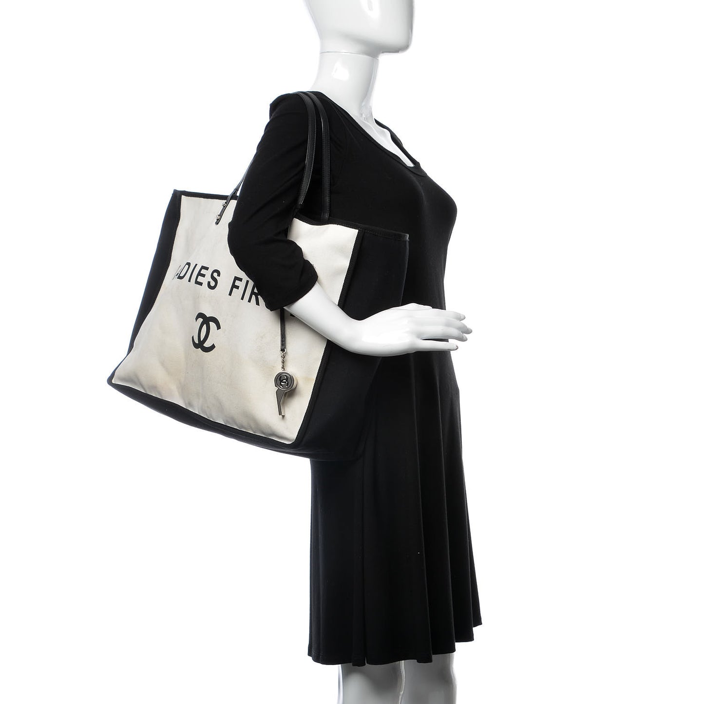 Canvas Calfskin Large Let's Demonstrate Tote White Black
