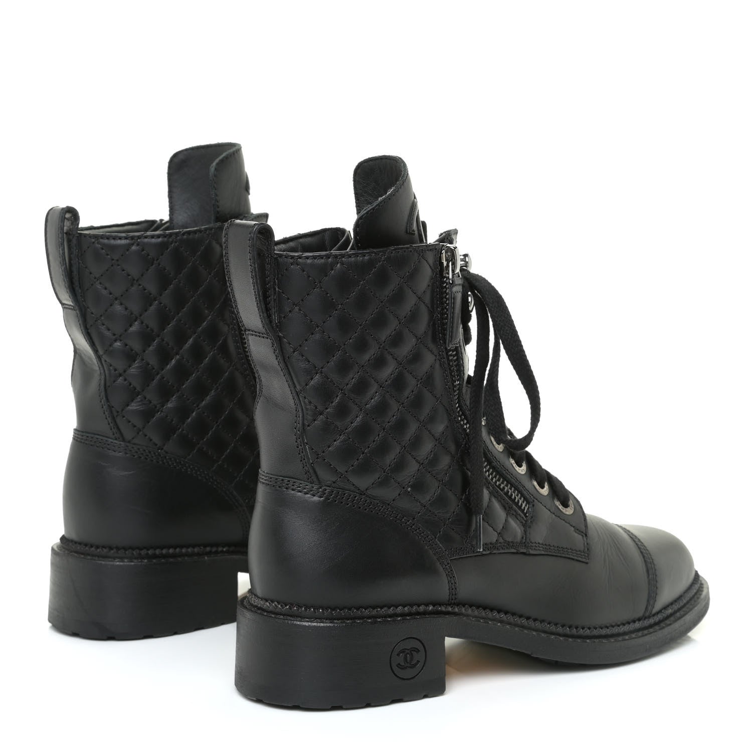 Chanel Calfskin Quilted Lace Up Combat Boots 37 Black 4 of 13
